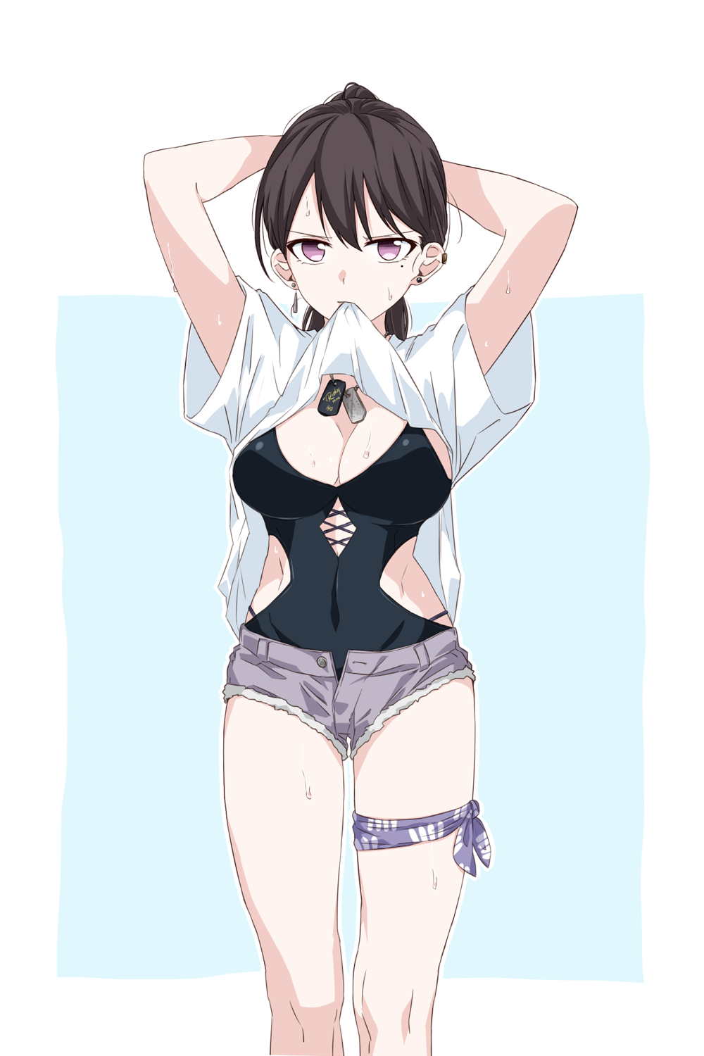 porinki, shiina taki, bang dream!, bang dream! it's mygo!!!!!, commentary request, highres, 1girl, arms up, black one-piece swimsuit, border, breasts, cleavage, clothes in mouth, covered navel, dog tags, earrings, grey shorts, jewelry, large breasts, looking at viewer, mismatched earrings, mole, mole under eye, mouth hold, one-piece swimsuit, ponytail, purple eyes, shirt, shirt in mouth, short sleeves, shorts, solo, swimsuit, tying hair, wet, white border, white shirt