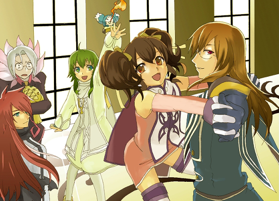 anise tatlin, dist, dist (tales), florian, florian (tales), ion (tales), jade curtiss, luke fon fabre, mieu (tales), tales of (series), tales of the abyss, 00s, 1girl, 4boys, brown eyes, brown hair, glasses, gloves, green eyes, green hair, long hair, multiple boys, pantyhose, red eyes, red hair, ribbon, smile, twintails, white hair