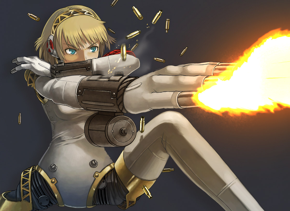 itou (onsoku tassha), aigis (persona), atlus, persona, persona 3, sega, 1girl, android, blonde hair, blue eyes, casing ejection, female focus, shell casing, short hair, solo