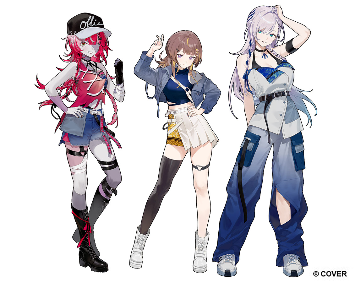 rararamax, anya melfissa, kureiji ollie, pavolia reine, hololive, hololive indonesia, holoro, commentary, english commentary, official art, 3girls, arm strap, arm up, baseball cap, belt, black gloves, black hat, black thighhighs, blonde hair, blue eyes, blue hair, blue jacket, blue nails, blue pants, blue shirt, blue shorts, blue tube top, blunt ends, boots, bow, braid, braided bangs, braided sidelock, breasts, brown hair, buttons, cargo pants, center-flap bangs, character name, chest harness, cleavage, clenched hand, closed mouth, clothing cutout, colored skin, company name, contrapposto, copyright notice, cropped jacket, cropped shirt, denim, denim jacket, diamond-shaped pupils, diamond (shape), double-breasted, fingerless gloves, full body, gloves, gradient eyes, gradient hair, green eyes, grey hair, grey jacket, grey skin, hair bow, hair ornament, hair over one eye, hair ribbon, hairclip, half-skirt, hand on own hip, hand up, harness, hat, headset, heterochromia, jacket, knee boots, lace-up boots, large breasts, leg cutout, lineup, long hair, long sidelocks, looking at viewer, midriff, midriff peek, miniskirt, mismatched pupils, multicolored eyes, multicolored hair, multicolored skin, multiple girls, nail polish, navel, o-ring, o-ring thigh strap, official alternate costume, official alternate hairstyle, overskirt, pants, parted lips, patchwork skin, pencil skirt, pink hair, platform boots, pleated skirt, purple eyes, purple skin, red eyes, red hair, red nails, red tank top, ribbon, shirt, shoes, short shorts, shorts, side braids, sidelocks, simple background, single glove, single off shoulder, single thighhigh, skirt, sleeveless, sleeveless jacket, smile, sneakers, standing, stitched arm, stitched face, stitched leg, stitched torso, stitches, straight-on, strap slip, strapless, streaked hair, swept bangs, symbol-shaped pupils, tank top, teeth, thigh strap, thighhighs, torn clothes, torn tank top, tube top, upper teeth only, virtual youtuber, white background, white belt, white boots, white eyes, white shoes, white skirt, x-shaped pupils, x hair ornament, yellow skirt, zombie