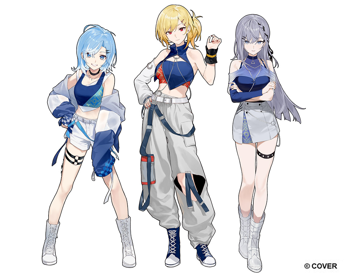 rararamax, kaela kovalskia, kobo kanaeru, vestia zeta, holoh3roes, hololive, hololive indonesia, commentary, english commentary, official art, 3girls, ahoge, arms under breasts, arms up, asymmetrical bangs, belt, black collar, blonde hair, blue eyes, blue hair, blue shirt, blue shoes, blue sleeves, blue tank top, boots, braid, braided bangs, breasts, cargo pants, cleavage cutout, closed mouth, clothing cutout, collar, colored tips, company name, contrapposto, copyright notice, crop top, cropped shirt, crossed arms, detached sleeves, full body, grey hair, grey shrug, grey skirt, hair ornament, hairclip, halter shirt, halterneck, high tops, jacket, jewelry, lace-up boots, layered skirt, leg cutout, lineup, long hair, looking at viewer, medium breasts, medium hair, midriff, miniskirt, multicolored hair, multiple girls, nail polish, navel, necklace, o-ring, o-ring thigh strap, official alternate costume, official alternate hairstyle, one side up, pants, red eyes, red nails, shirt, shoes, short hair, shorts, shoulder cutout, shrug (clothing), simple background, single detached sleeve, single wrist cuff, skirt, sleeveless, sleeveless shirt, sleeves past fingers, sleeves past wrists, smile, sneakers, standing, swept bangs, tank top, teeth, thigh strap, turtleneck, two-tone hair, virtual youtuber, white belt, white boots, white hair, white pants, white shorts, white tank top, wrist cuffs