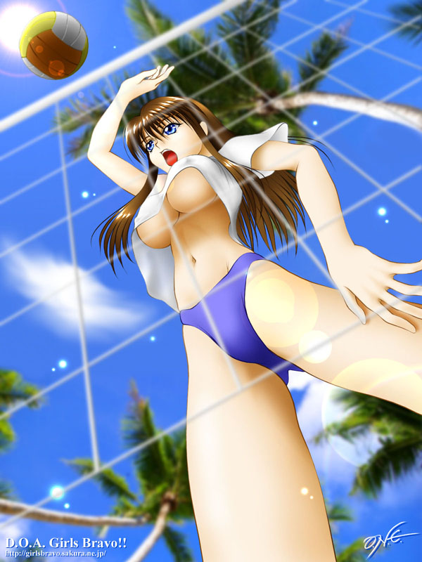 hitomi (doa), dead or alive, tecmo, 1girl, ball, beach, beach volleyball, bikini, blue bikini, blue eyes, breasts, brown hair, clothes lift, cloud, day, female focus, from below, jumping, large breasts, long hair, open mouth, outdoors, palm tree, shirt lift, sky, solo, standing, swimsuit, tree, tropical, underboob, upshirt, volleyball, volleyball (object), volleyball net