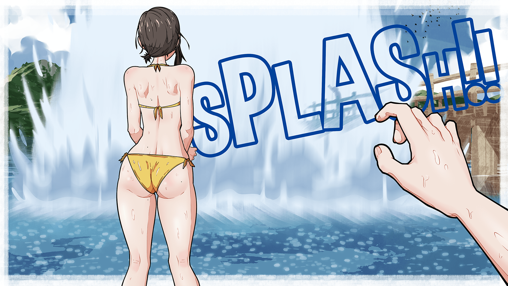 cuddlep00p, higashiyama kobeni, chainsaw man, commentary, english commentary, highres, 1girl, 1other, ass, bikini, black hair, blue sky, bridge, cropped legs, day, english text, long hair, mountain, outdoors, pov, river, shoulder blades, sky, sound effects, splashing, standing, swimsuit, yellow bikini