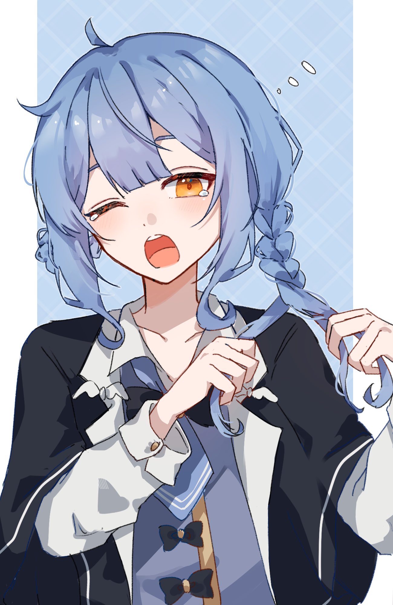 tachibana sherry, mahou shoujo no majo saiban, commentary request, highres, 1girl, adjusting hair, black capelet, blue background, blue hair, braid, braided hair rings, braiding hair, capelet, collared shirt, hair rings, hairdressing, hands in own hair, hands up, holding, holding own hair, long sleeves, looking at viewer, magical girl, mitei (nyachas2), one eye closed, open mouth, shirt, short hair, sleepy, solo, tears, upper body, white shirt, yawning, yellow eyes