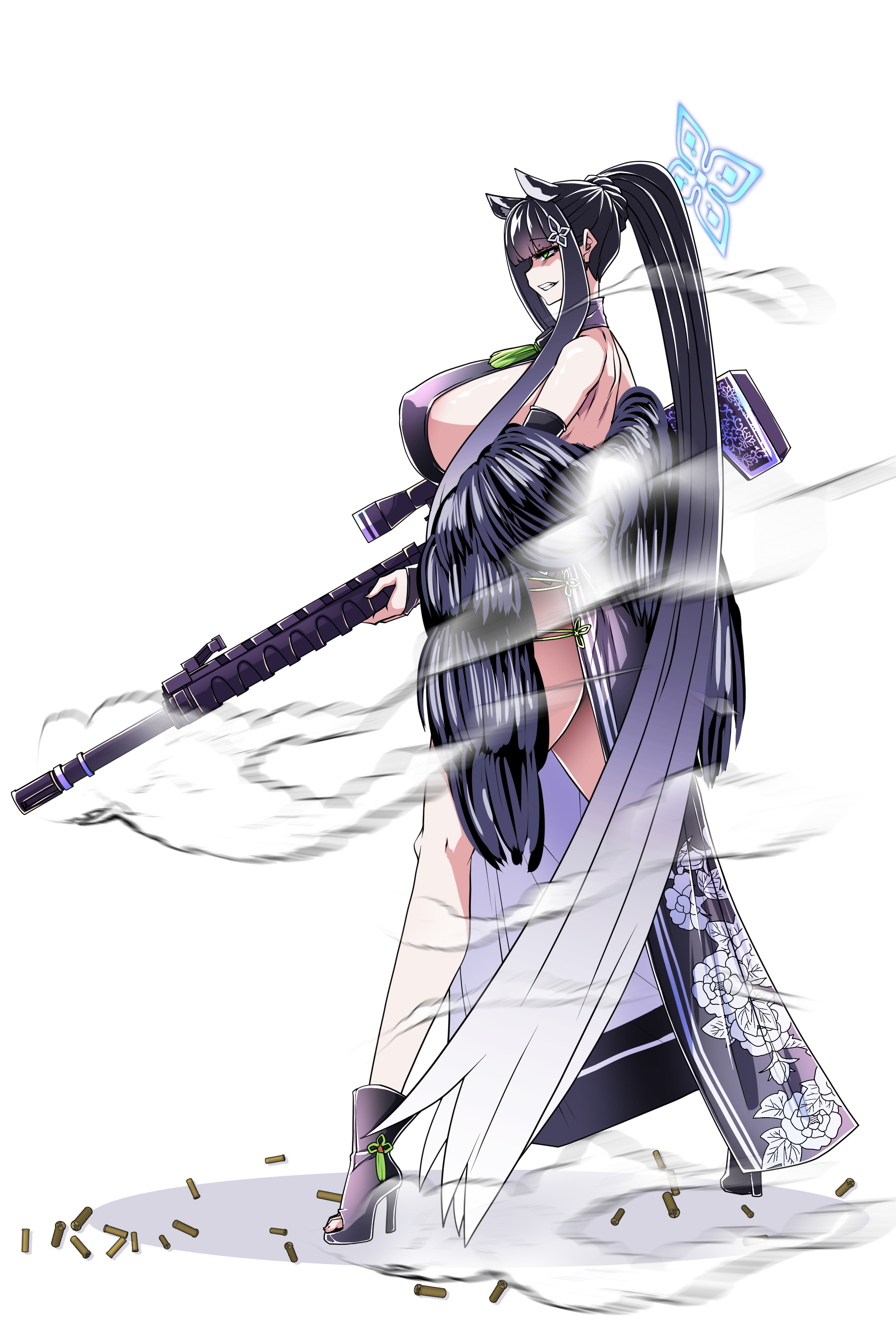 lazy ant, shun (blue archive), blue archive, absurdres, highres, 1girl, absurdly long hair, alternate breast size (larger), animal ears, black dress, black hair, blue halo, breasts, china dress, chinese clothes, dress, extra ears, gradient hair, green eyes, gun, hair ornament, halo, high heels, holding, holding gun, holding weapon, huge breasts, long hair, multicolored hair, qbu-88, side slit, sidelocks, solo, standing, tiger ears, tiger girl, very long hair, weapon