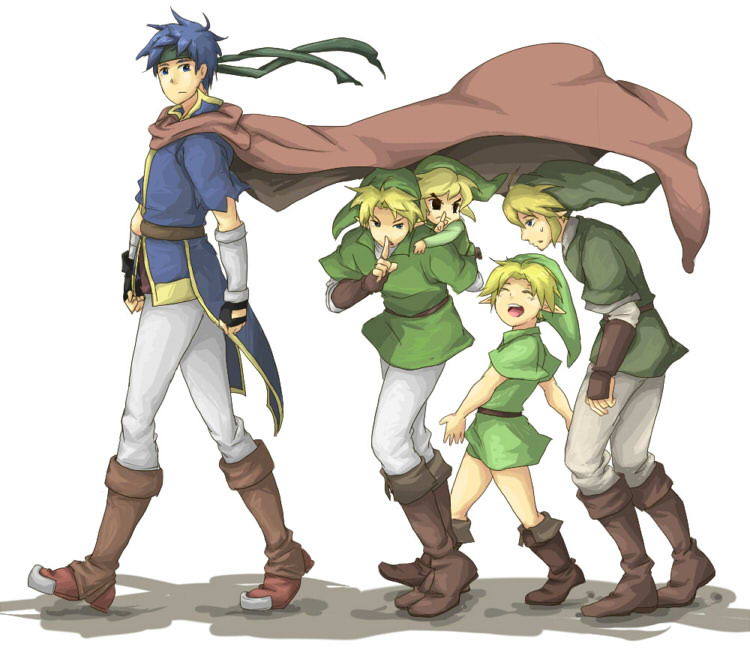 ike (fire emblem), link, toon link, young link, fire emblem, fire emblem: path of radiance, nintendo, super smash bros., the legend of zelda, the legend of zelda: ocarina of time, the legend of zelda: the wind waker, the legend of zelda: twilight princess, 5boys, blonde hair, blue eyes, blue hair, cape, dual persona, gloves, headband, male focus, multiple boys, pointy ears, smile, time paradox