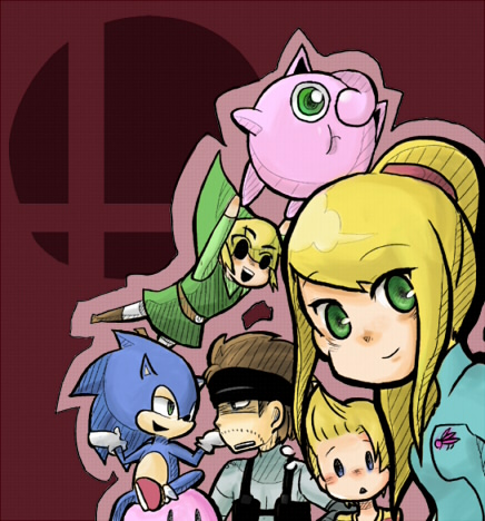 jigglypuff, kirby, link, lucas (mother 3), samus aran, solid snake, sonic the hedgehog, toon link, kirby (series), metal gear (series), metal gear solid, metroid, mother (series), mother 3, nintendo, pokemon, sonic (series), super smash bros., the legend of zelda, lowres, 1girl, 4boys, black eyes, blonde hair, brown hair, furry, furry male, gen 1 pokemon, gloves, green eyes, headband, multiple boys, pokemon (creature), ponytail, quiff, smile, zero suit