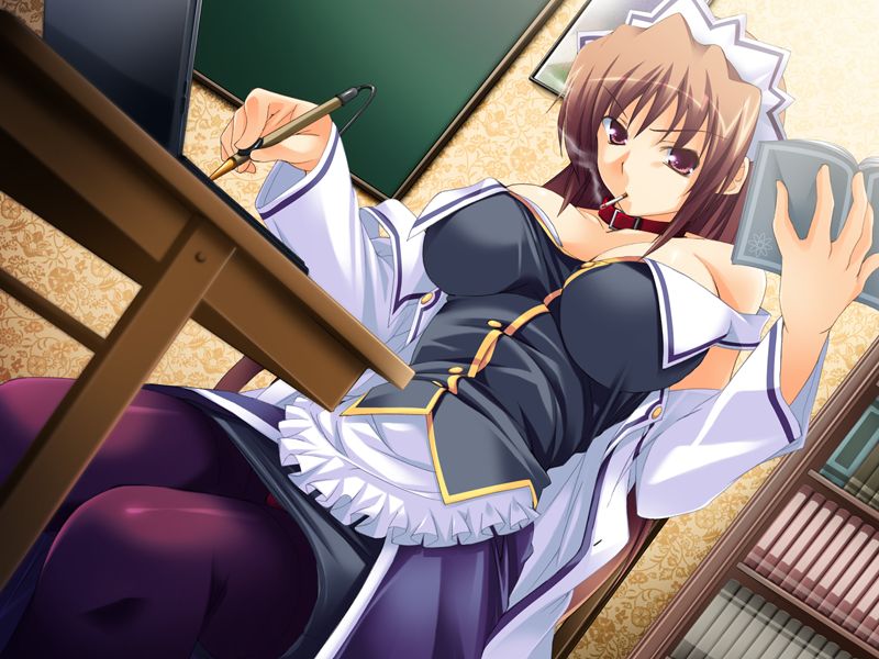 yukirin, tear rui mosfort, onegai goshujin-sama!, game cg, jpeg artifacts, 1girl, bare shoulders, breasts, brown hair, cigarette, collar, computer, dutch angle, female focus, laptop, large breasts, maid, pantyhose, purple eyes, smoking, solo