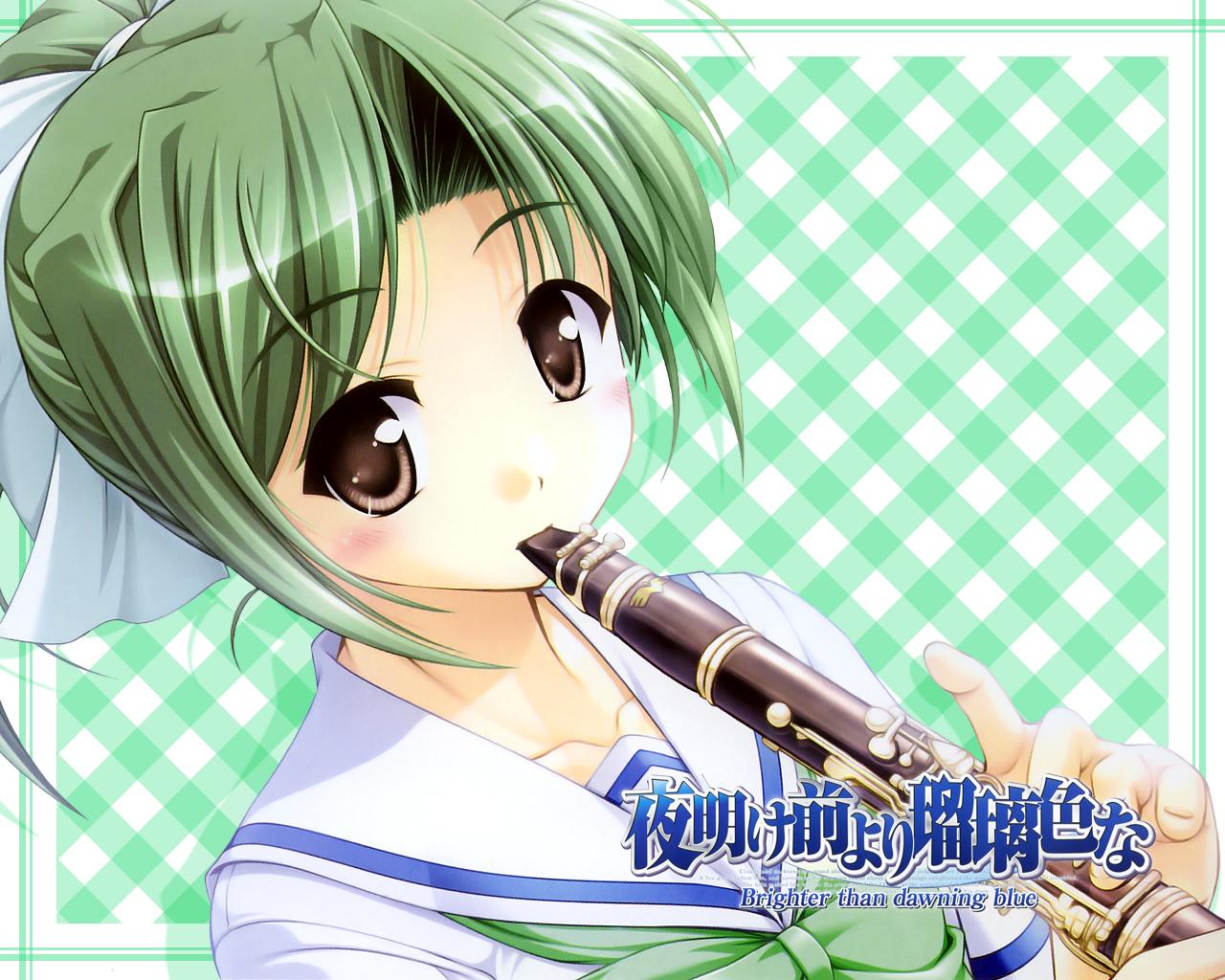 bekkankou, tooyama midori, yoake mae yori ruri iro na, jpeg artifacts, non-web source, blush, brown eyes, clarinet, green hair, hair ribbon, instrument, ponytail, ribbon, school uniform, solo