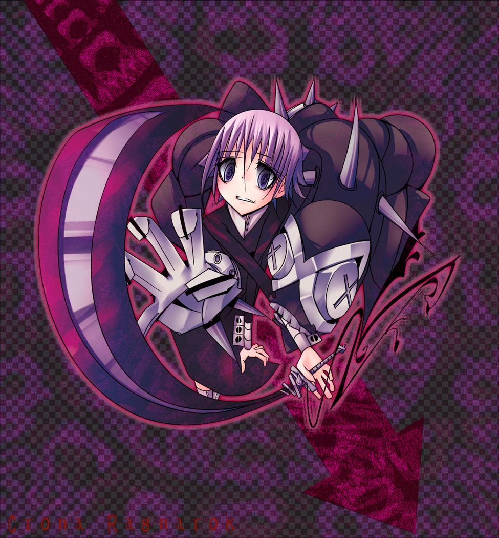 crona (soul eater), ragnarok (soul eater), soul eater, gender request, 00s, androgynous, biting, black dress, black skin, blunt bangs, colored skin, cuff links, dress, from above, gauntlets, gloves, high collar, long sleeves, looking at viewer, muscular, pink hair, polearm, purple eyes, scythe, short hair, spikes, striped clothes, striped gloves, sword, underwear, weapon, x x