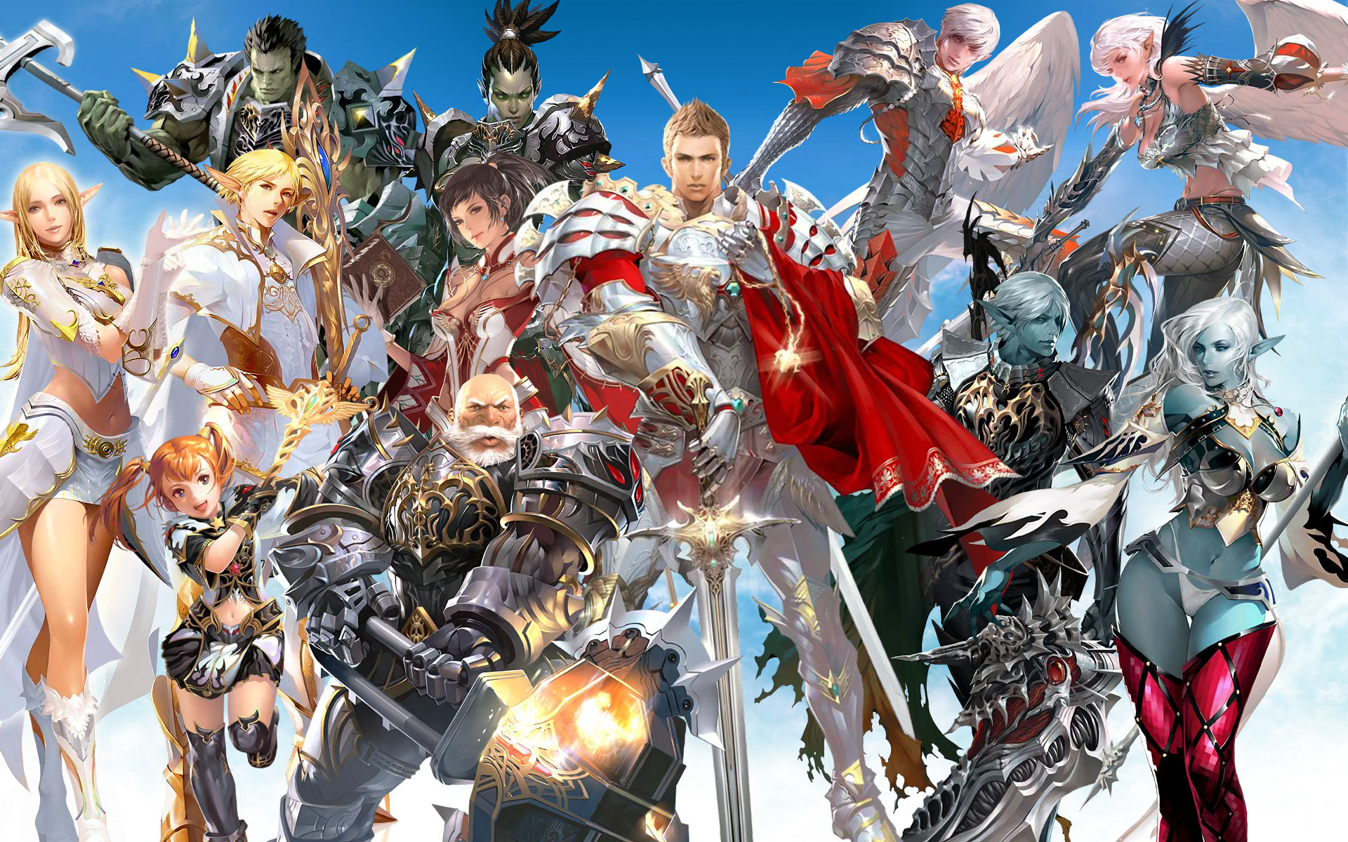 dark elf (lineage 2), dwarf (lineage 2), elf (lineage 2), human (lineage 2), kamael, orc (lineage 2), lineage, lineage 2, highres, official art, official wallpaper, 6+boys, 6+girls, armor, axe, bald, beard, blue skin, book, breasts, cape, cleavage, colored skin, dark elf, dwarf, elf, facial hair, green skin, hammer, multiple boys, multiple girls, orc, panties, pointy ears, spikes, sword, thong, twintails, underwear, weapon, wings