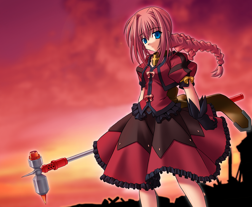 graf eisen, vita (nanoha), lyrical nanoha, mahou shoujo lyrical nanoha, mahou shoujo lyrical nanoha a's, 00s, blue eyes, braid, dress, gloves, red hair, solo, sunset