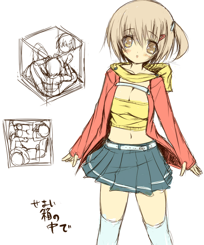 2-g, 1boy, 1girl, blonde hair, blush, breasts, cleavage, medium breasts, midriff, monochrome, navel, short hair, side ponytail, sketch, skirt, thighhighs, yellow eyes, zettai ryouiki