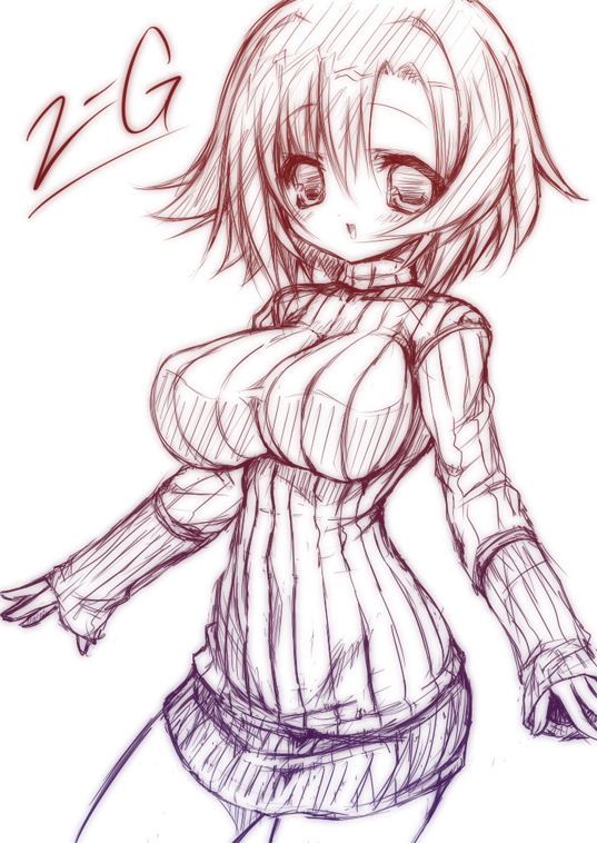 2-g, 1girl, blush, bottomless, breasts, curvy, female focus, impossible clothes, impossible shirt, impossible sweater, large breasts, looking at viewer, monochrome, ribbed turtleneck sweater, shirt, short hair, sketch, solo, sweater, wide hips