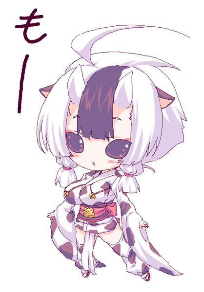 2-g, image sample, md5 mismatch, pixiv sample, resolution mismatch, source larger, 1girl, ahoge, animal ears, animal print, chibi, cow girl, cow print, female focus, fundoshi, horns, japanese clothes, kimono, leg warmers, mole, mole under eye, obi, oekaki, purple eyes, sash, short kimono, solo, sound effects, sound effects only, white hair