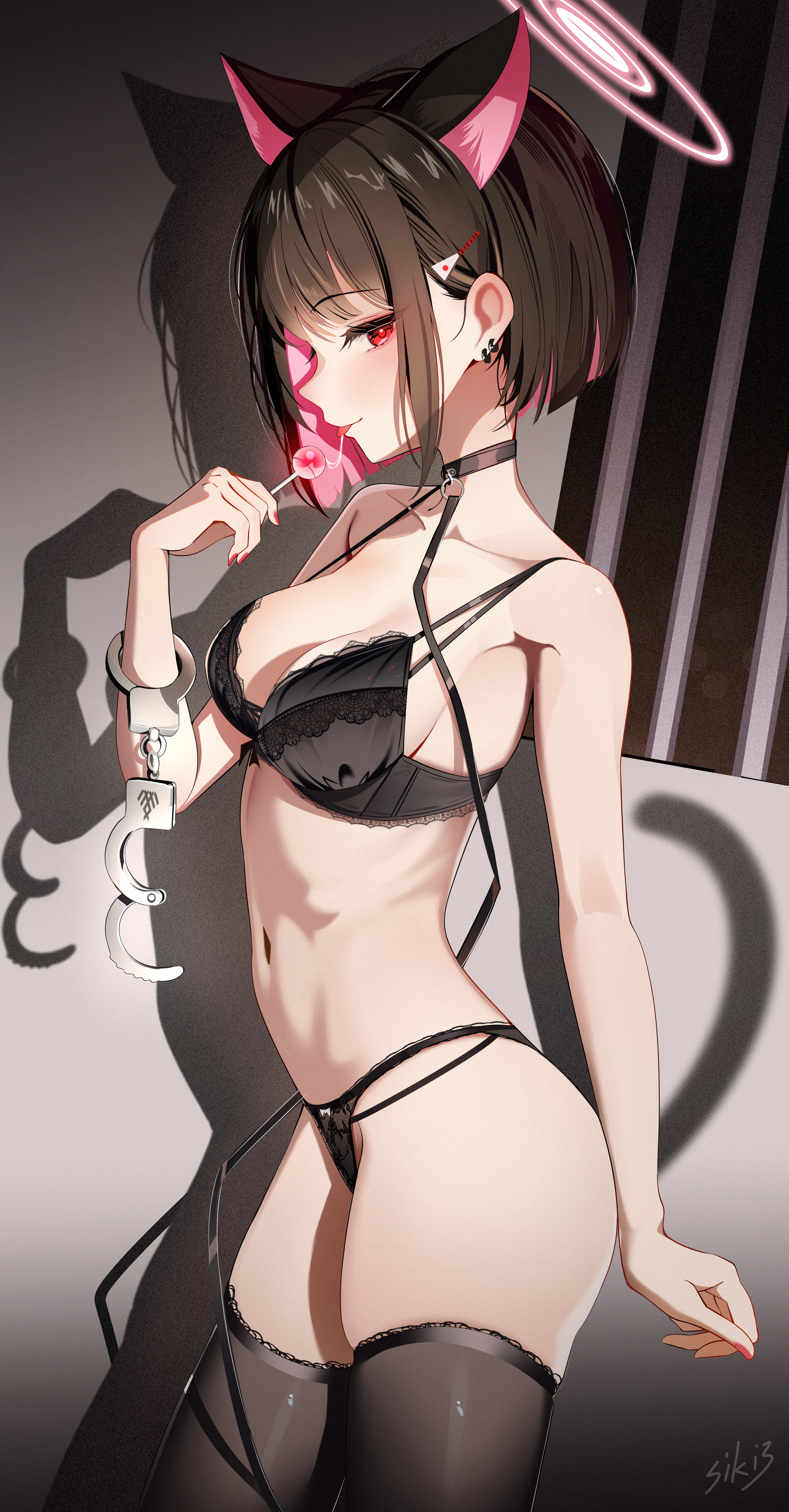 sikimosh, kazusa (blue archive), blue archive, absurdres, commentary request, highres, revision, 1girl, animal ears, artist name, black bra, black hair, black panties, black thighhighs, bra, breasts, candy, cat ears, cat girl, cat tail, cuffs, food, halo, handcuffs, holding, holding candy, holding food, holding handcuffs, holding lollipop, lingerie, lollipop, medium breasts, multicolored hair, navel, panties, pink hair, pink halo, red eyes, saliva, saliva trail, short hair, skindentation, solo, stomach, tail, thighhighs, thighs, two-tone hair, underwear