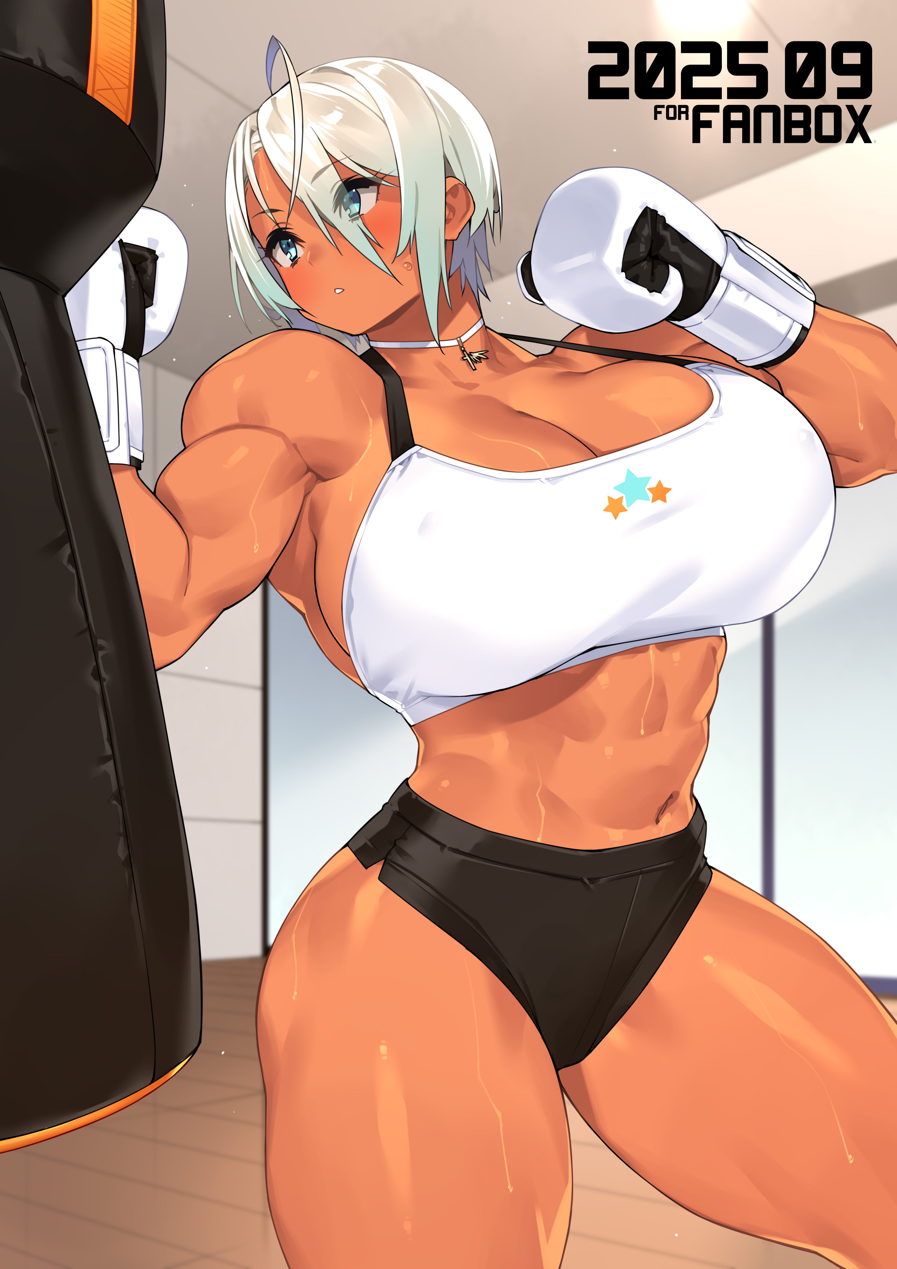 23 (real xxiii), sela (23), original, absurdres, highres, 1girl, abs, ahoge, blonde hair, blue eyes, boxing gloves, breasts, choker, cleavage, cross, cross choker, dark-skinned female, dark skin, huge breasts, jewelry, large breasts, muscular, muscular female, navel, obliques, punching bag, short hair, solo, toned, toned female