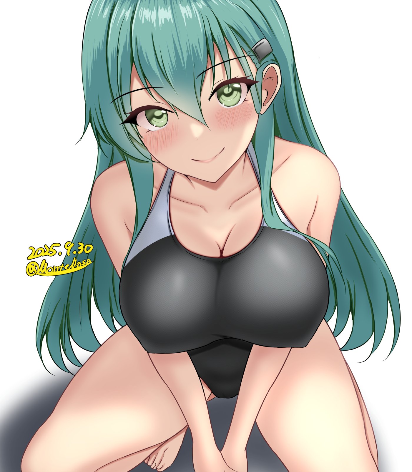 montemasa, suzuya (kancolle), kantai collection, highres, 1girl, aqua eyes, aqua hair, black one-piece swimsuit, blush, breasts, cleavage, collarbone, competition swimsuit, covered erect nipples, covered navel, dated, hair between eyes, hair ornament, hairclip, large breasts, long hair, looking at viewer, one-hour drawing challenge, one-piece swimsuit, simple background, smile, solo, squatting, swimsuit, twitter username, two-tone swimsuit, white background