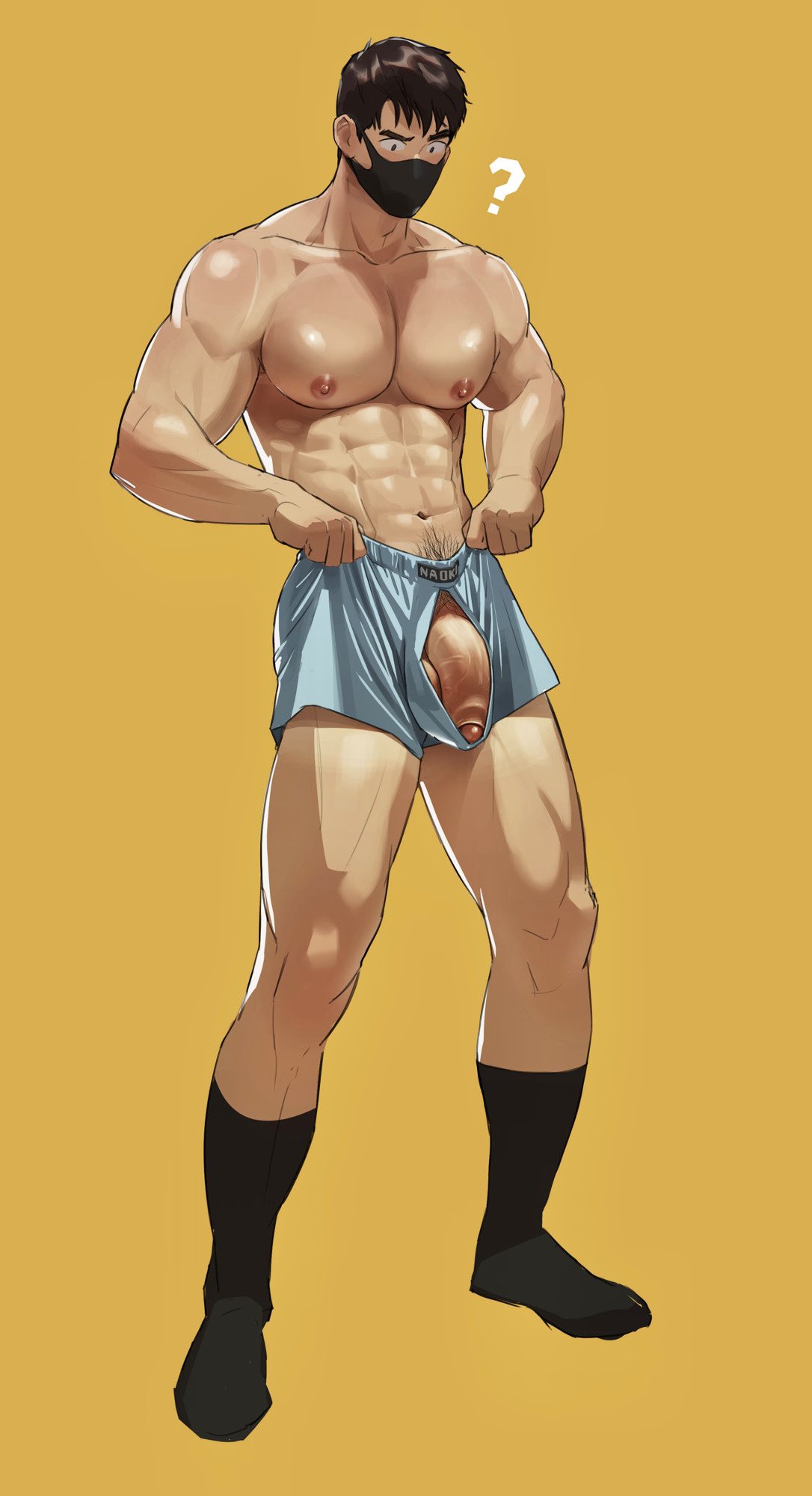naoki (xhju8282), original, highres, 1boy, ?, abs, artist name, bara, black mask, black socks, blue male underwear, brown hair, covered mouth, foreskin, full body, huge pectorals, large penis, looking down, male focus, male underwear, muscular, muscular male, nipples, penis, shiny skin, simple background, socks, solo, testicle peek, testicles, thick arms, thick eyebrows, thick thighs, thighs, topless male, underwear, wardrobe malfunction, yellow background
