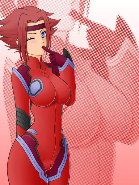 haru (hall), kouzuki kallen, code geass, 00s, 1girl, blue eyes, bodysuit, breasts, cowboy shot, facing viewer, female focus, finger to mouth, gloves, impossible bodysuit, impossible clothes, legs together, looking at viewer, medium breasts, one eye closed, parted bangs, red bodysuit, red hair, short hair, skin tight, solo, standing, wink, zoom layer