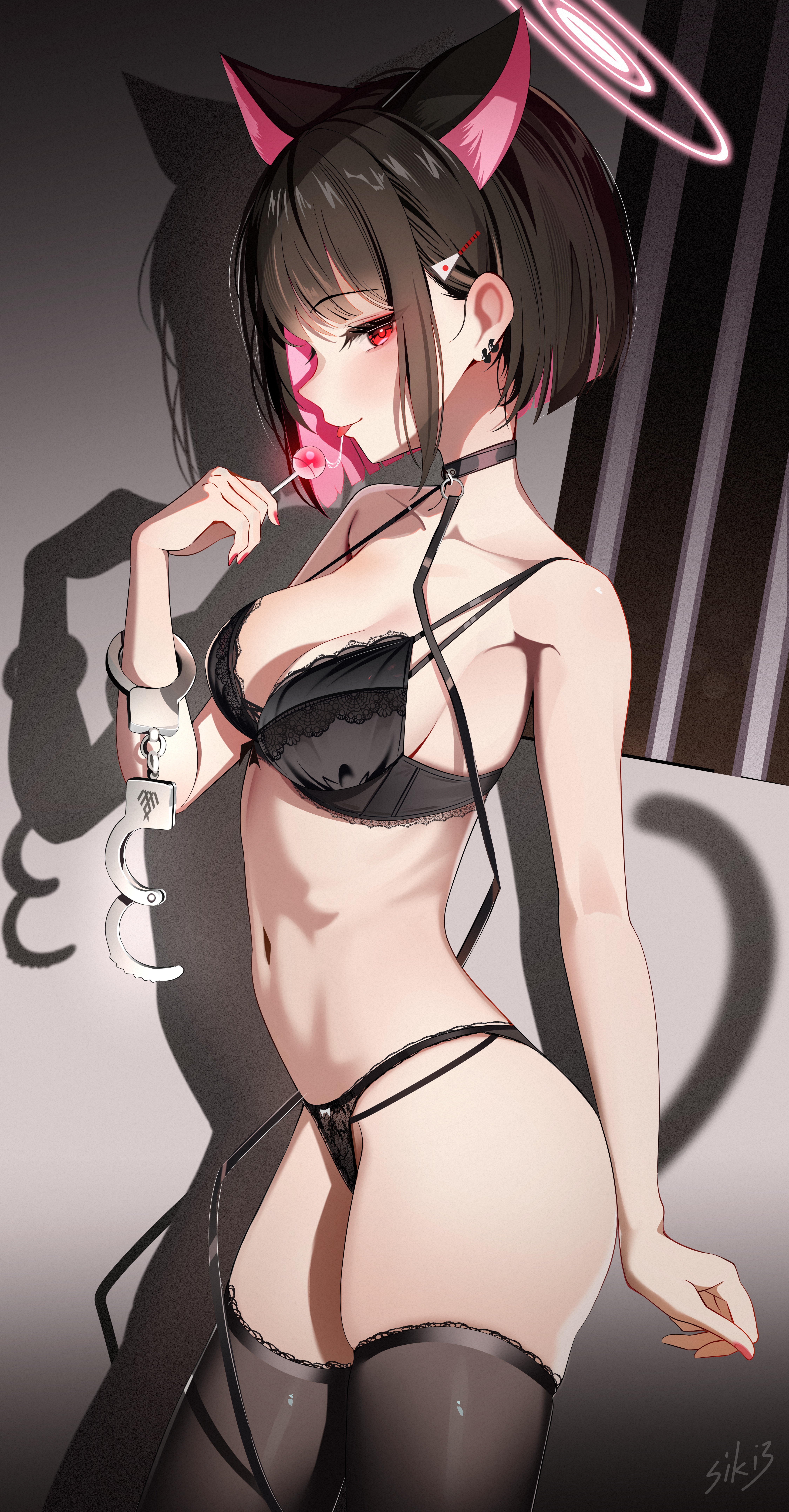 sikimosh, kazusa (blue archive), blue archive, absurdres, highres, 1girl, animal ears, artist name, black bra, black hair, black panties, black thighhighs, bra, breasts, candy, cat ears, cat girl, cat tail, cuffs, food, halo, handcuffs, holding, holding candy, holding food, holding handcuffs, holding lollipop, lingerie, lollipop, medium breasts, multicolored hair, navel, panties, pink hair, pink halo, red eyes, saliva, saliva trail, short hair, skindentation, solo, stomach, tail, thighhighs, thighs, two-tone hair, underwear