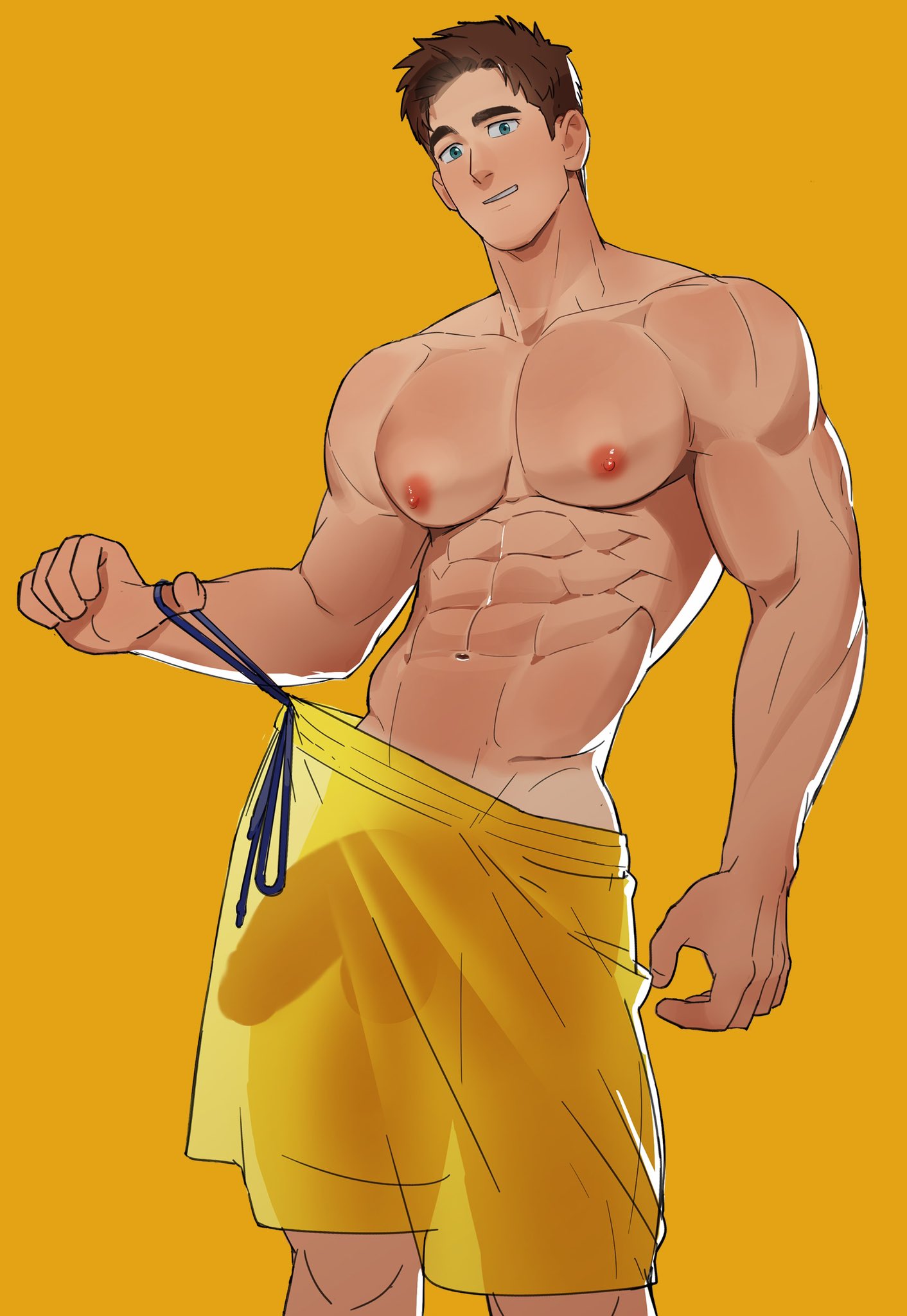 naoki (xhju8282), original, highres, 1boy, abs, bara, biceps, broad shoulders, brown hair, cowboy shot, drawstring, drawstring pull, green eyes, grin, groin, large pectorals, large penis, looking at viewer, male focus, muscular, muscular male, nipples, pectorals, penis, penis peek, see-through clothes, see-through shorts, shorts, simple background, smile, solo, thick eyebrows, v-taper, yellow background, yellow shorts