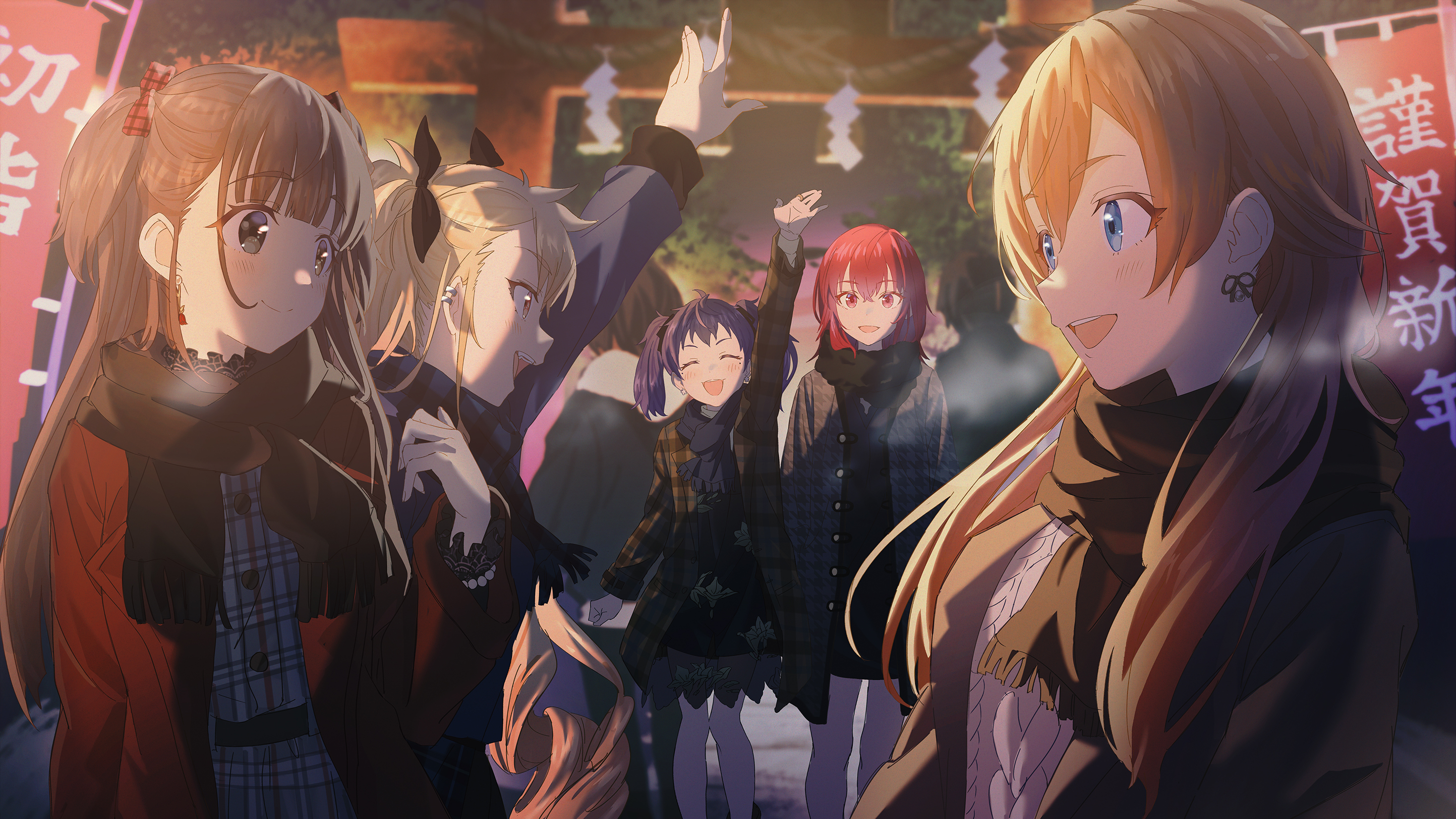gionji yukine, itou momiji, nabatame haru, seibu rio, tamaki kyouka, shine post, artist request, highres, official art, 5girls, armor, black jacket, black scarf, blonde hair, bow, breath, brown eyes, brown hair, closed eyes, closed mouth, curly hair, dress, earrings, hair bow, jacket, jewelry, long hair, medium hair, multiple girls, night, open clothes, open jacket, open mouth, outdoors, pantyhose, plaid bow, plaid clothes, plaid dress, profile, purple hair, red eyes, red hair, red jacket, scarf, shide, smile, sweater, teeth, torii, twintails, two side up, upper teeth only, very long hair, white pantyhose, white sweater