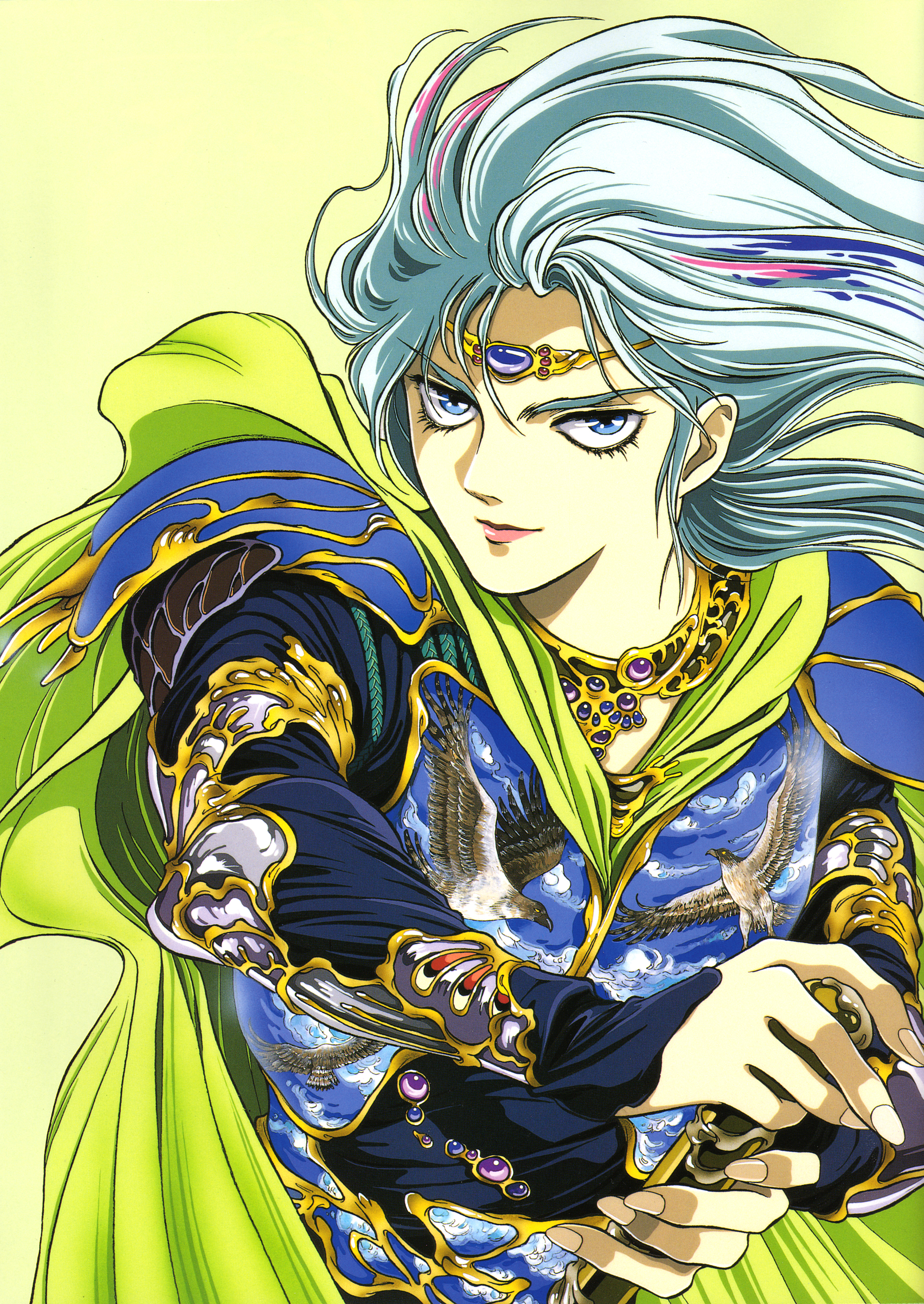 arslan, arslan senki, silver hair, absurdres, highres, 1boy, blue eyes, cape, expressionless, gem, headpiece, lips, long sleeves, looking at viewer, male focus, shoulder pads, simple background, solo, yellow background