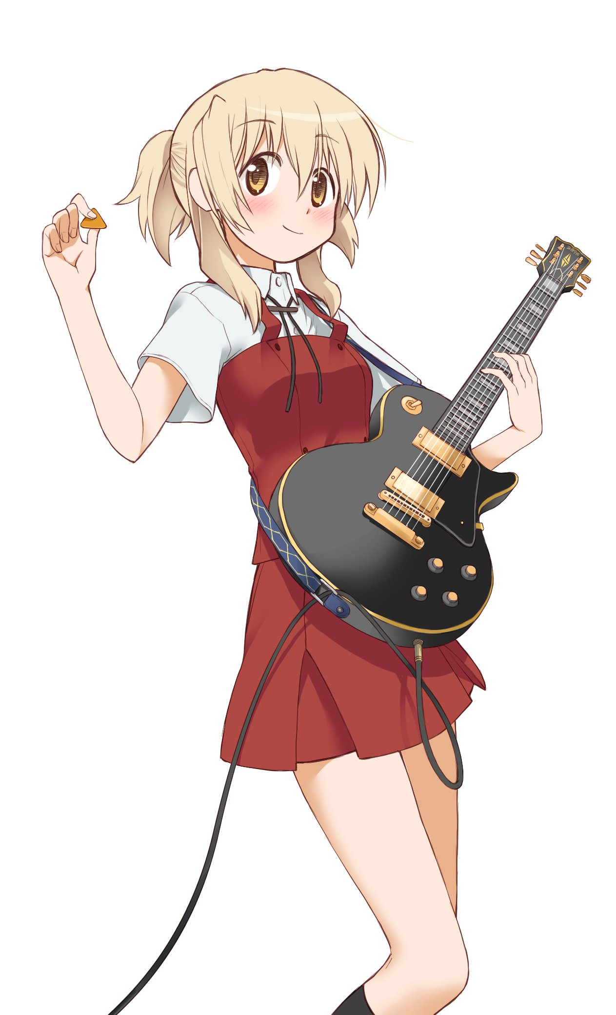 kikumaru bunta, miyako (hidamari sketch), hidamari sketch, commentary request, highres, 1girl, audio cable, black socks, blonde hair, bolo tie, breasts, cowboy shot, dress, electric guitar, feet out of frame, gibson les paul, guitar, hand up, holding, holding guitar, holding instrument, holding plectrum, instrument, light blush, looking at viewer, medium hair, plectrum, red dress, red vest, school uniform, short dress, short sleeves, simple background, small breasts, smile, socks, solo, vest, white background, yamabuki high school uniform, yellow eyes