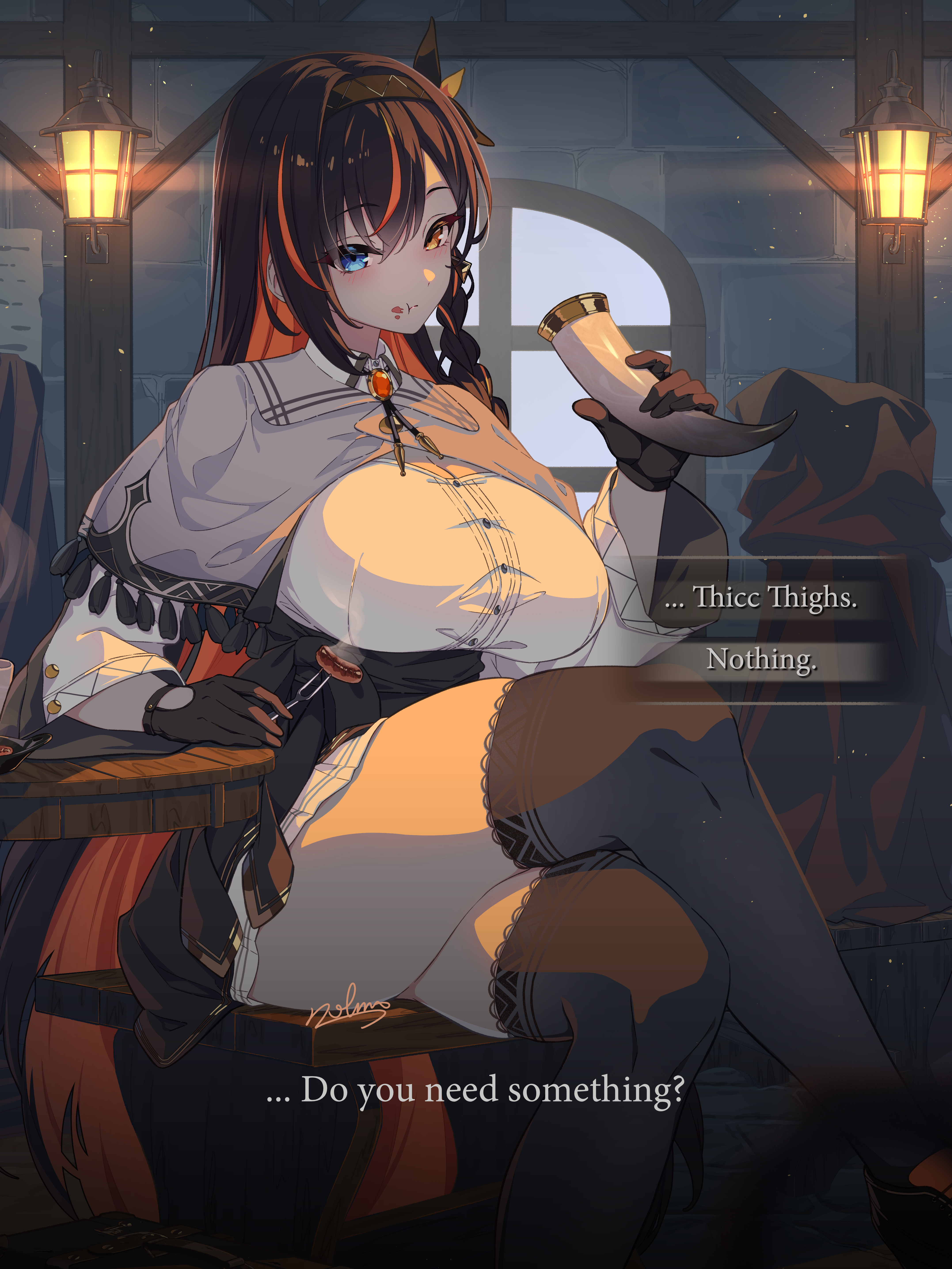 nolmo, original, absurdres, commentary, highres, 1girl, 2others, :t, arm rest, artist name, black gloves, black hair, black thighhighs, block heels, blue eyes, blush, boots, breasts, brick floor, brick wall, briefcase, cape, capelet, carving fork, chair, cleavage, collared shirt, colored inner hair, crossed legs, cup, dialogue box, eating, english text, food, food in mouth, fork, full body, gem, gloves, grey capelet, hair between eyes, hand up, helmet, heterochromia, high heel boots, high heels, holding, holding fork, hood, hooded cape, indoors, knight, lantern, large breasts, legs, light particles, looking at viewer, multicolored hair, multiple others, on chair, orange gemstone, orange hair, orange streaks, paper, pitcher (container), plate, poster (object), round table, sausage, shirt, sitting, skirt, solo focus, steaming food, streaked hair, table, tavern, thighhighs, thighs, white shirt, white skirt, window, wooden chair, wooden table, yellow eyes