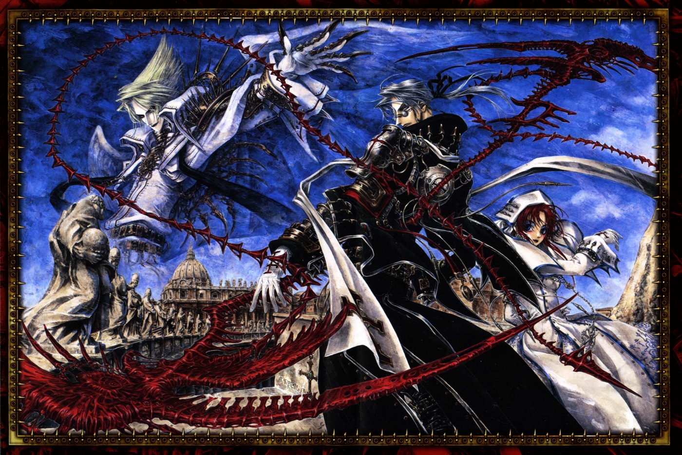 shibamoto thores, abel nightroad, cain nightroad, esther blanchett, trinity blood, official art, 00s, 1girl, 2boys, black hair, blue sky, coat, desert, goth fashion, long hair, long sleeves, multiple boys, outdoors, rock, sky, very long hair