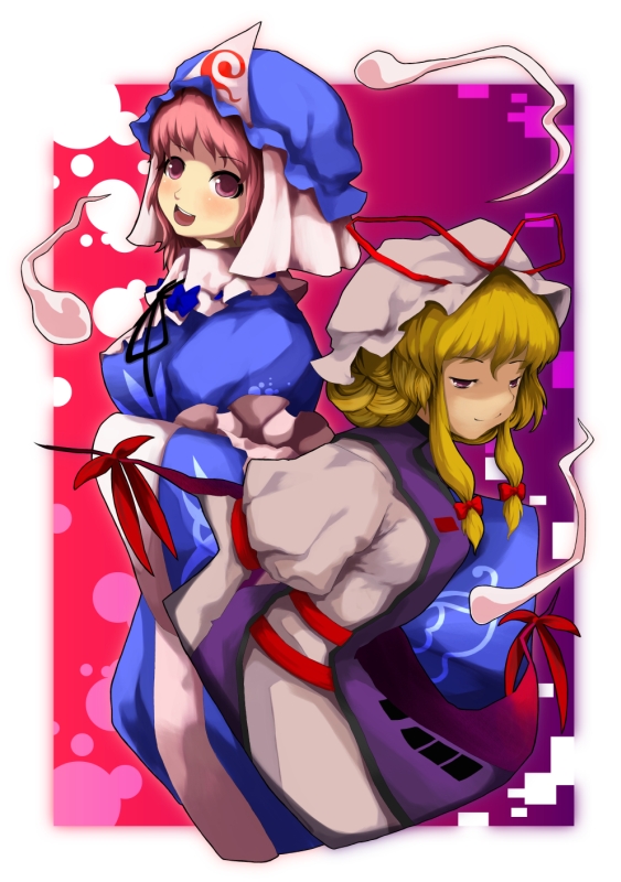 laboto, saigyouji yuyuko, yakumo yukari, touhou, 2girls, blonde hair, dress, female focus, gap (touhou), ghost, hat, japanese clothes, multiple girls, pink hair, purple eyes, ribbon, short hair, smile, triangular headpiece