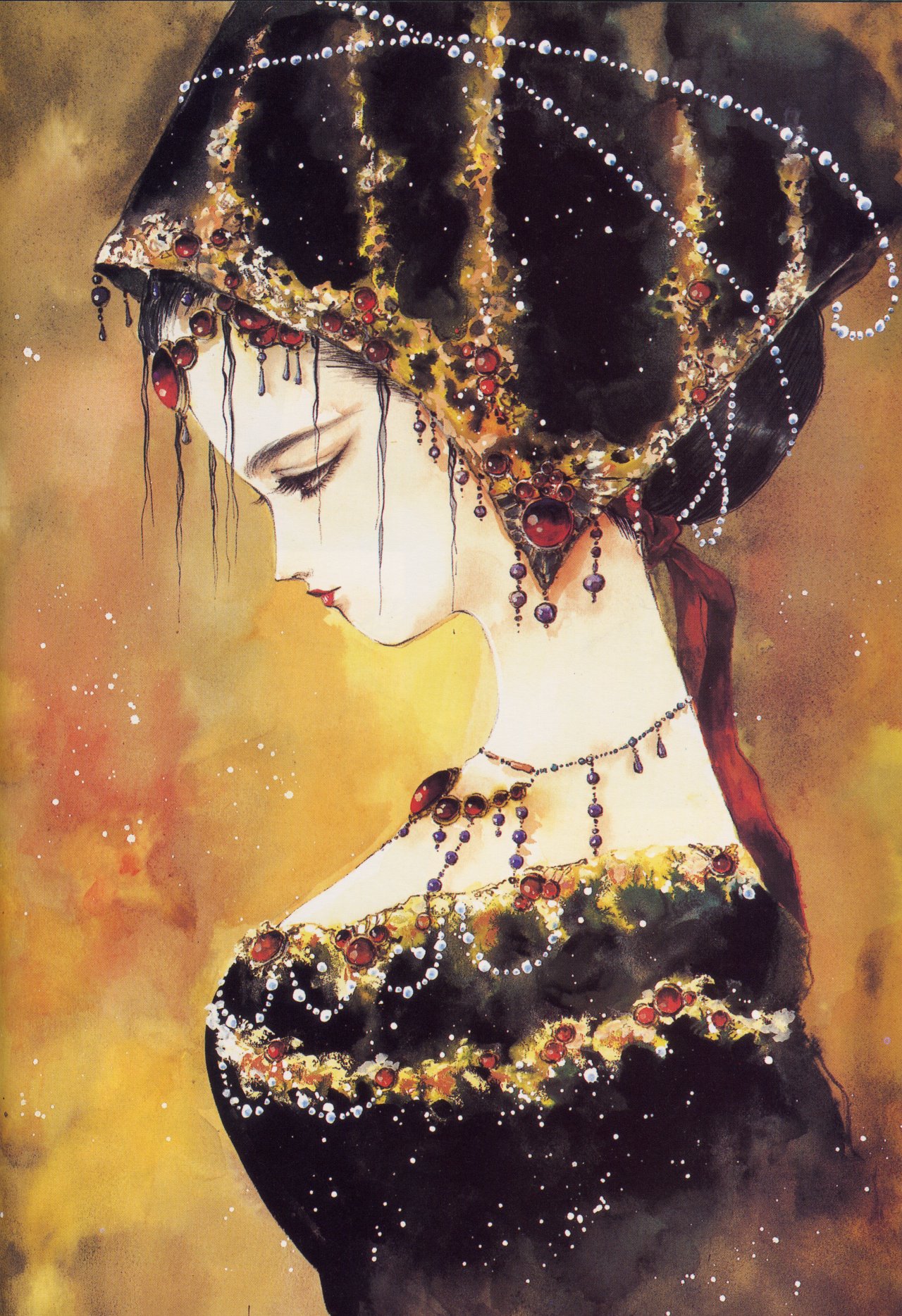 mikimoto haruhiko, highres, 1girl, eyelashes, female focus, half-closed eyes, jewelry, lipstick, makeup, necklace, portrait, solo