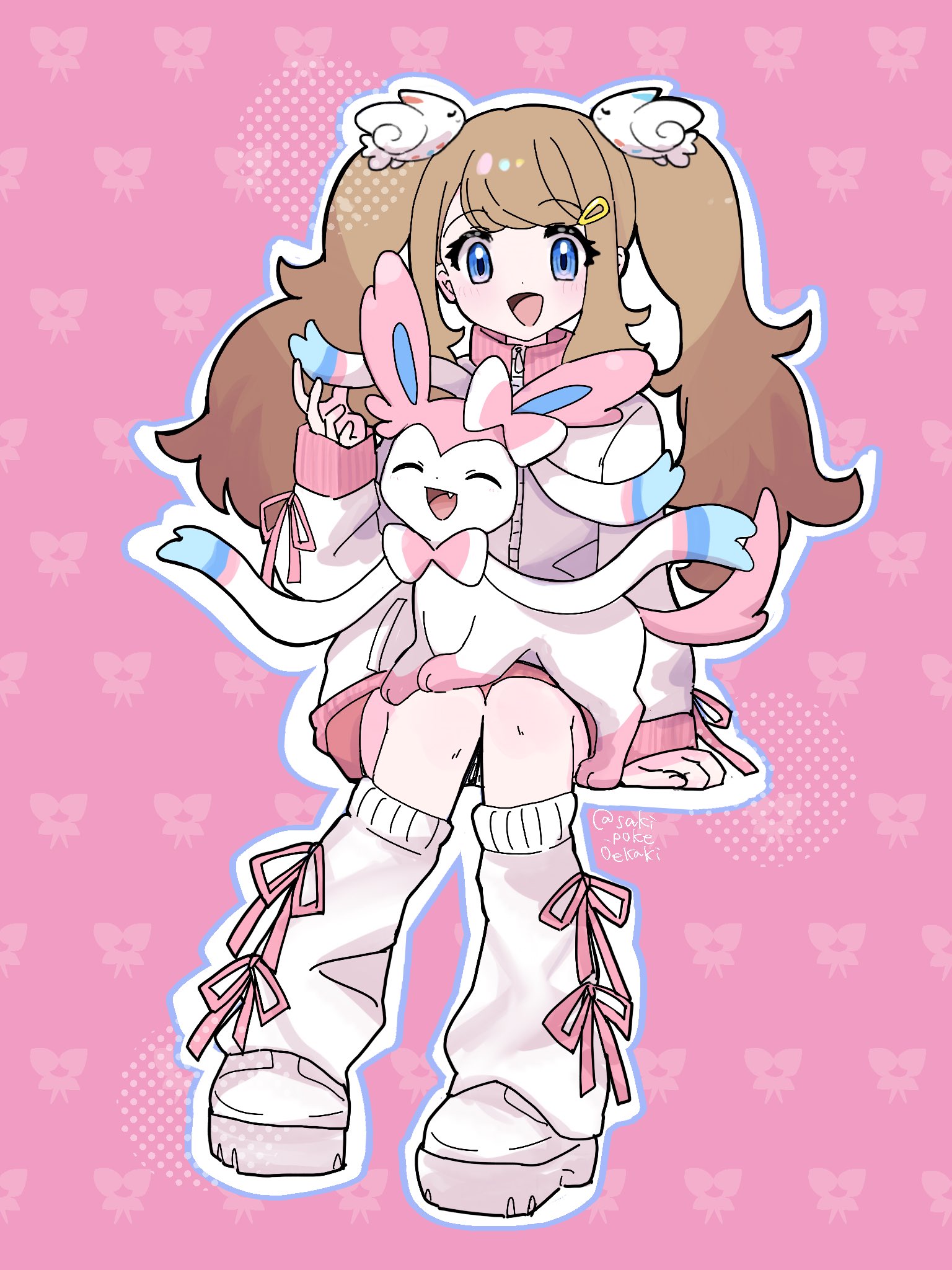 saki pokeoekaki, serena (pokemon), sylveon, nintendo, pokemon, pokemon xy, highres, 1girl, blonde hair, blue eyes, gen 6 pokemon, hair ornament, long hair, low twintails, open mouth, shoes, skirt, sweater, twintails, white shoes, white sweater