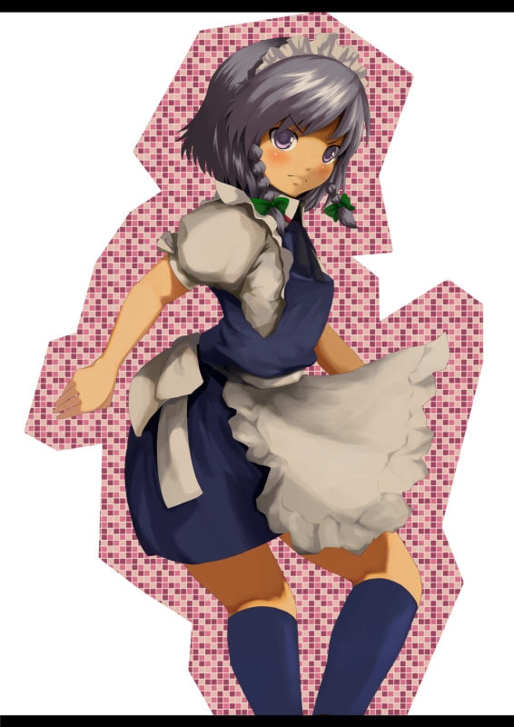 laboto, izayoi sakuya, touhou, silver hair, 1girl, braid, female focus, letterboxed, short hair, solo, twin braids