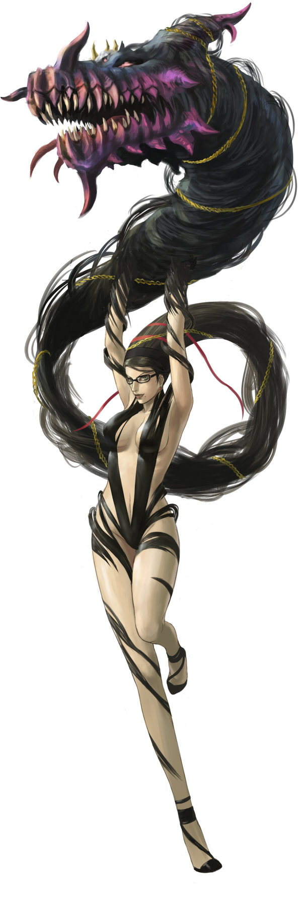 senri, shigumo (shigeru), bayonetta, gomorrah (bayonetta), bayonetta (series), bayonetta 1, highres, long image, tall image, 1girl, black hair, dragon, earrings, glasses, high heels, jewelry, long hair, mole, mole under mouth, monster, shoes, teeth, very long hair