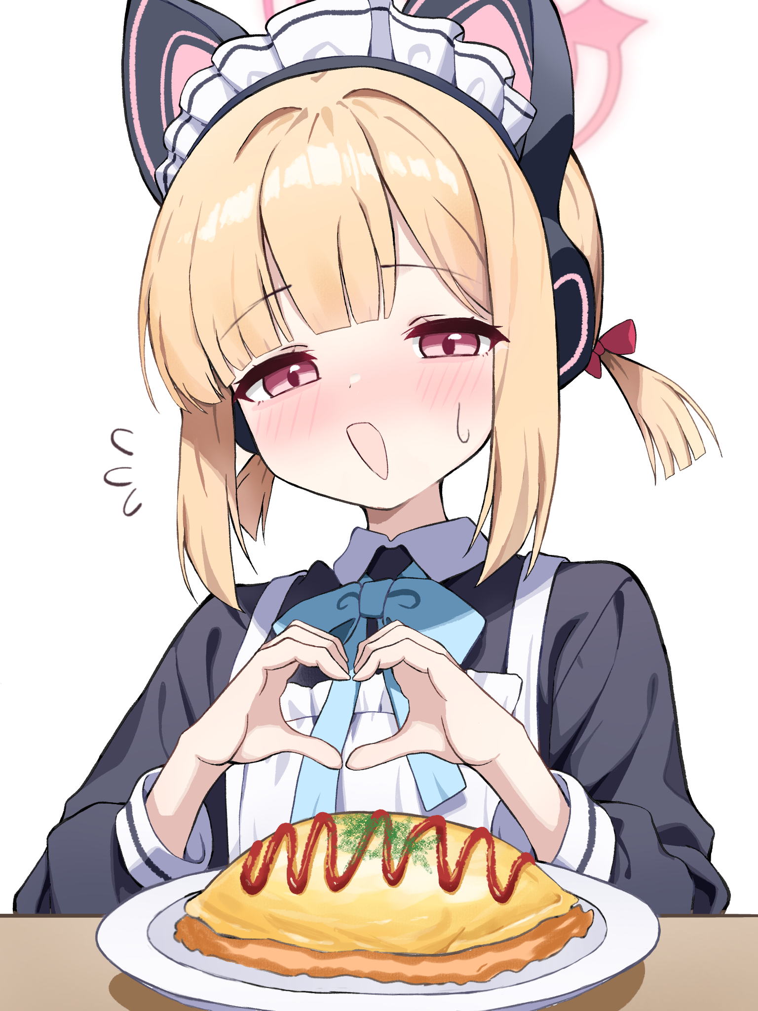 cardcat 00, momoi (blue archive), momoi (maid) (blue archive), blue archive, commentary, highres, 1girl, animal ear headphones, animal ears, apron, black dress, blonde hair, blue ribbon, blush, cat ear headphones, cat ears, dress, fake animal ears, flying sweatdrops, food, halo, headphones, heart, heart hands, long sleeves, maid, maid headdress, neck ribbon, official alternate costume, omelet, omurice, open mouth, pink eyes, pink halo, ribbon, short hair, simple background, solo, twintails, white apron, white background