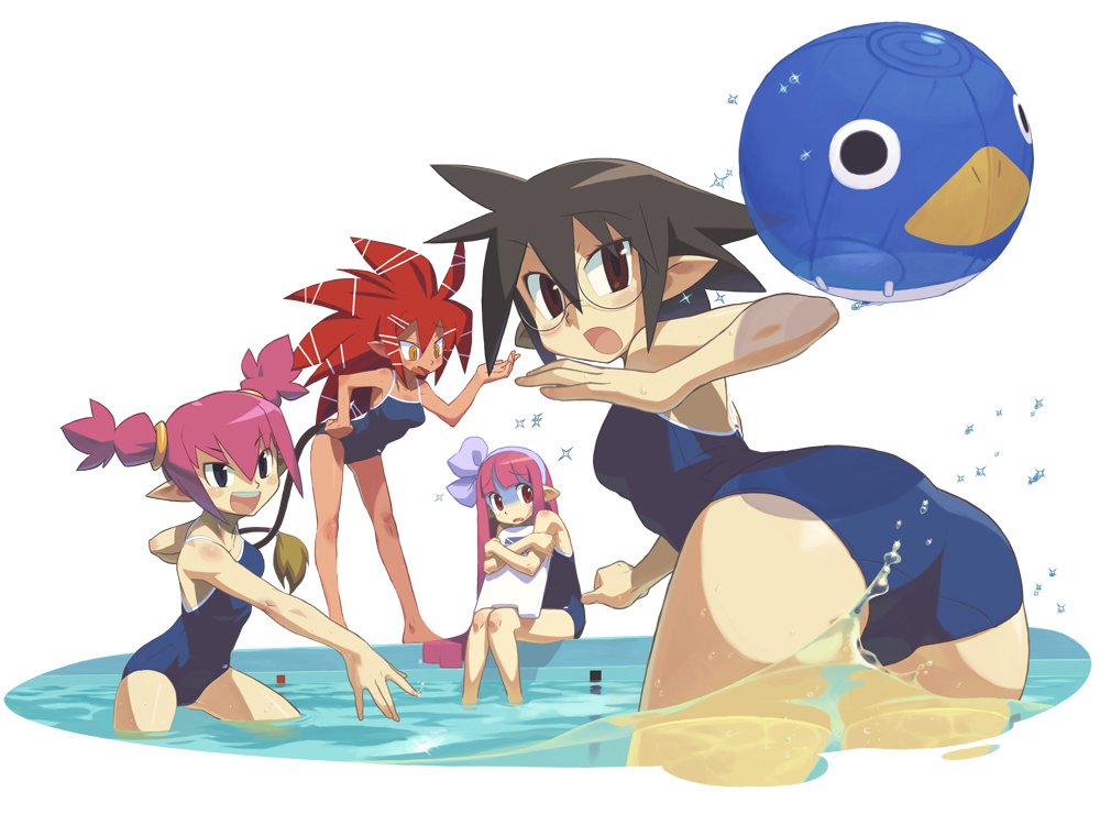 ishikawa hideki, beast master (disgaea), female brawler (disgaea), gunner (disgaea), gunslinger (disgaea), mage (disgaea), martial artist (disgaea), disgaea, makai senki disgaea 3, nippon ichi, 4girls, ass, ball, beachball, black hair, brown eyes, dark-skinned female, dark skin, glasses, hand on own hip, kickboard, multiple girls, one-piece swimsuit, partially submerged, partially underwater shot, pink eyes, pink hair, playing, pointy ears, pool, red hair, round eyewear, scared, simple background, swimsuit, teeth, turn pale, underwater, upper teeth only, wading, water, white background, yellow eyes