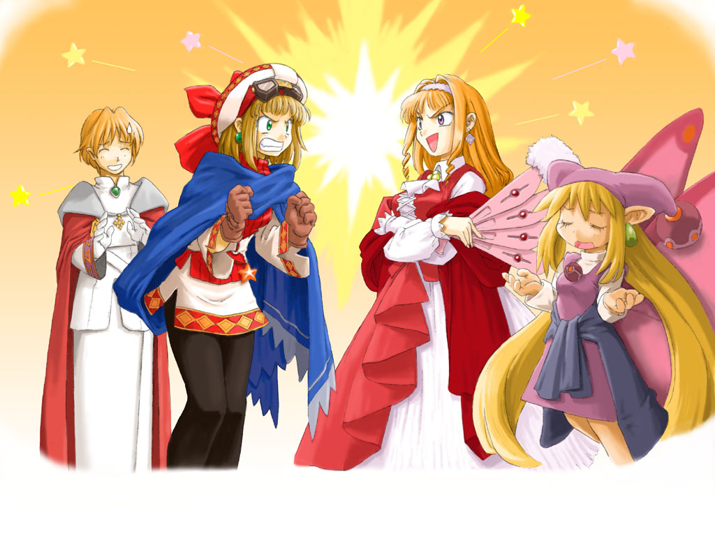ryoji (nomura ryouji), cornet espoir, etoile rosenqueen, ferdinand marl e, kururu (marl kingdom), marl kingdom, nippon ichi, puppet princess (marl kingdom), 1boy, 3girls, angry, arguing, battle, blonde hair, brown hair, cape, dress, gloves, goggles, green eyes, hand fan, hat, laughing, multiple girls, pantyhose, purple eyes, red hair, star (symbol), sweatdrop, wings