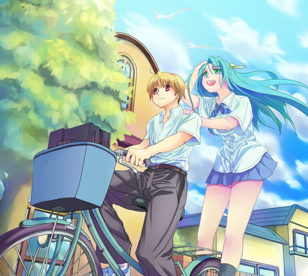 iiru, houjou satoshi, sonozaki shion, higurashi no naku koro ni, black legwear, bad id, bad pixiv id, 00s, 1boy, 1girl, aqua hair, bag, bare legs, belt, bicycle, blonde hair, blouse, blue skirt, building, cloud, collared shirt, day, floating hair, from below, green eyes, green hair, half updo, hand on another's shoulder, hand on own head, long hair, miniskirt, multiple riders, outdoors, pants, pleated skirt, red eyes, riding, school uniform, shirt, short hair, short sleeves, skirt, sky, socks, standing, tree, white shirt
