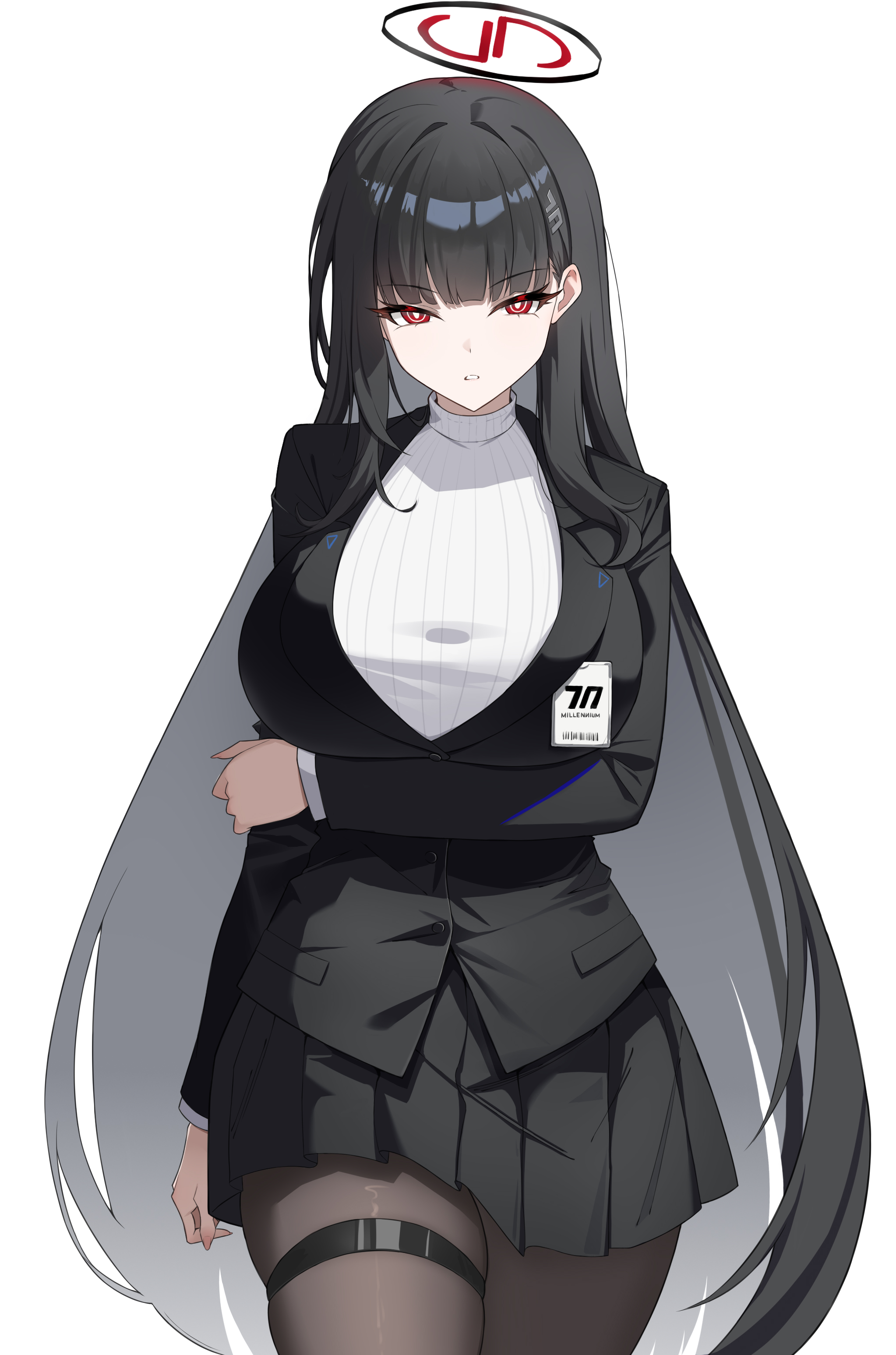 tenjou sora, rio (blue archive), blue archive, absurdres, commentary, highres, 1girl, black hair, black jacket, black pantyhose, black skirt, blazer, breasts, hair ornament, hairclip, halo, jacket, large breasts, long hair, looking at viewer, pantyhose, parted lips, pleated skirt, red eyes, ribbed sweater, ringed eyes, simple background, skirt, solo, sweater, turtleneck, turtleneck sweater, white background
