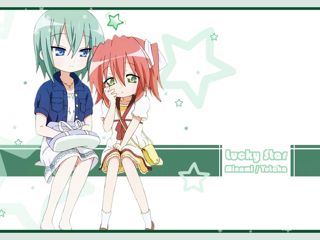 iwasaki minami, kobayakawa yutaka, lucky star, non-web source, 00s, bag, blue eyes, casual, green eyes, green hair, red hair, short hair, short twintails, star (symbol), twintails