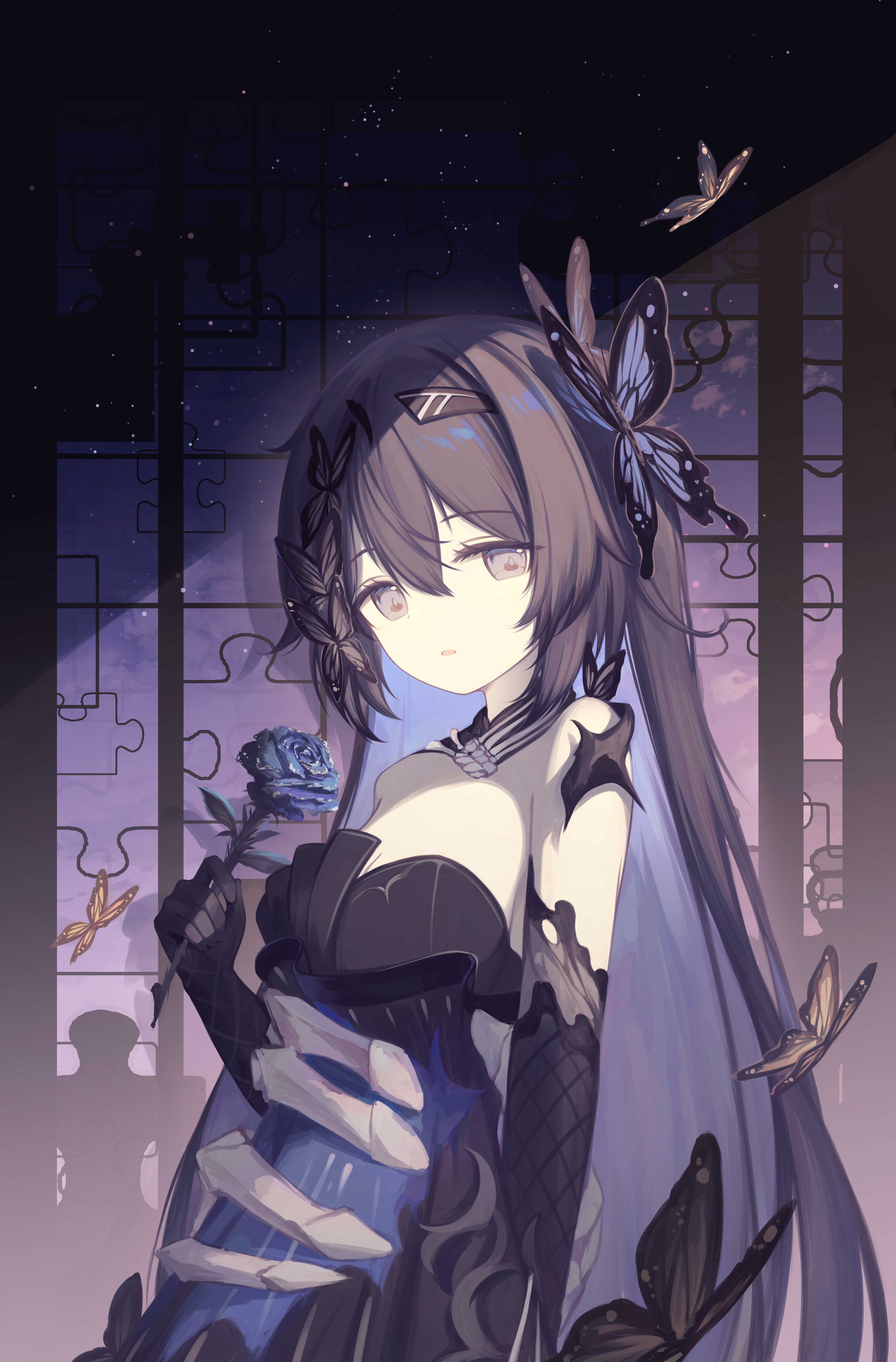 darkworldsss, seele vollerei, seele vollerei (eternal night's embrace), seele vollerei (herrscher of rebirth), honkai (series), honkai impact 3rd, absurdres, commentary request, highres, 1girl, bare shoulders, black dress, black gloves, black hair, blue flower, blue hair, blue rose, breasts, bug, butterfly, dress, elbow gloves, flower, gloves, grey eyes, holding, holding flower, insect, long hair, looking at viewer, medium breasts, official alternate costume, rose, solo, very long hair