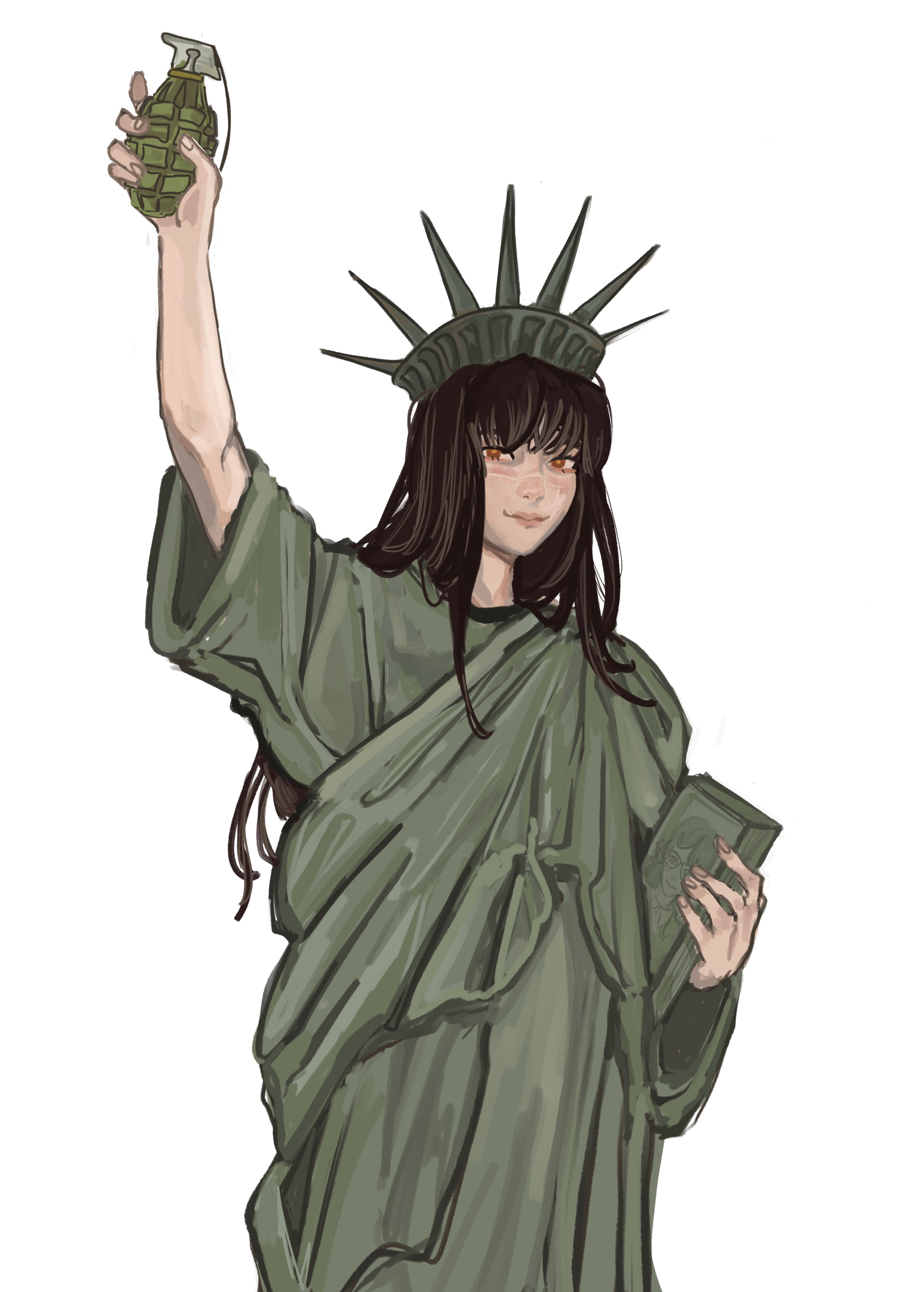 lulalunee, statue of liberty, yoru (chainsaw man), chainsaw man, absurdres, highres, 1girl, arm up, black hair, book, cross scar, explosive, facial scar, grenade, holding, holding book, holding grenade, long hair, parody, ringed eyes, scar, scar on cheek, scar on face, scar on nose, smile, solo, upper body, white background