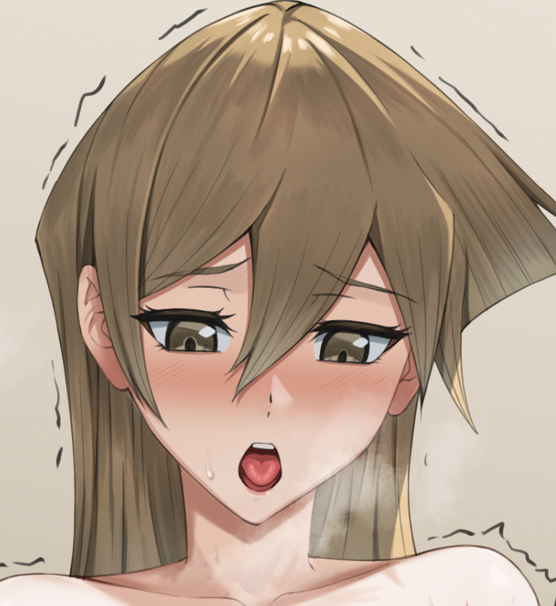 rourou ill, tenjouin asuka, yu-gi-oh!, yu-gi-oh! gx, paid reward available, 1girl, blonde hair, blush, brown eyes, collarbone, hair between eyes, long hair, motion lines, open mouth, sexually suggestive, simple background, solo, straight hair, sweat, tongue, trembling