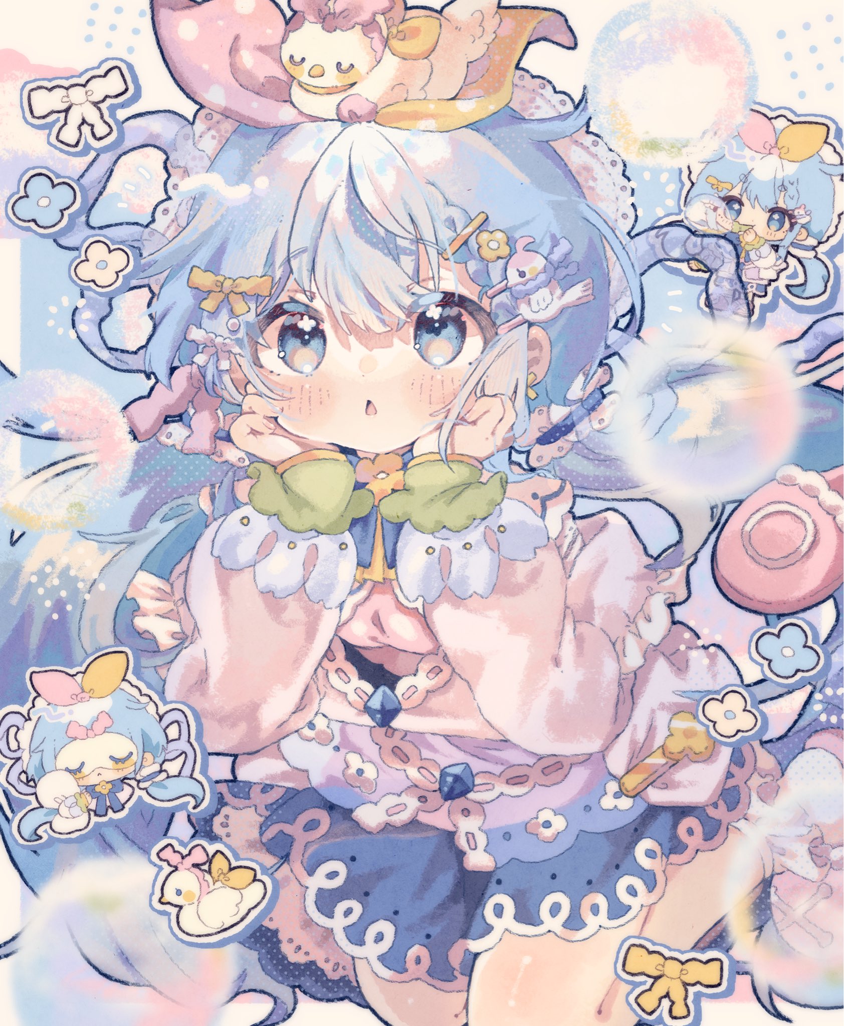 kamizakana iriko, character request, commentary, commission, copyright request, highres, skeb commission, 1girl, animal, animal on head, bird, bird on head, blue background, blue eyes, blue hair, blue skirt, blush, chibi, cowboy shot, hair ornament, hair ribbon, hairclip, hands up, long hair, long sleeves, on head, open mouth, pink ribbon, pink shirt, ribbon, shirt, skirt, two-tone ribbon, yellow ribbon