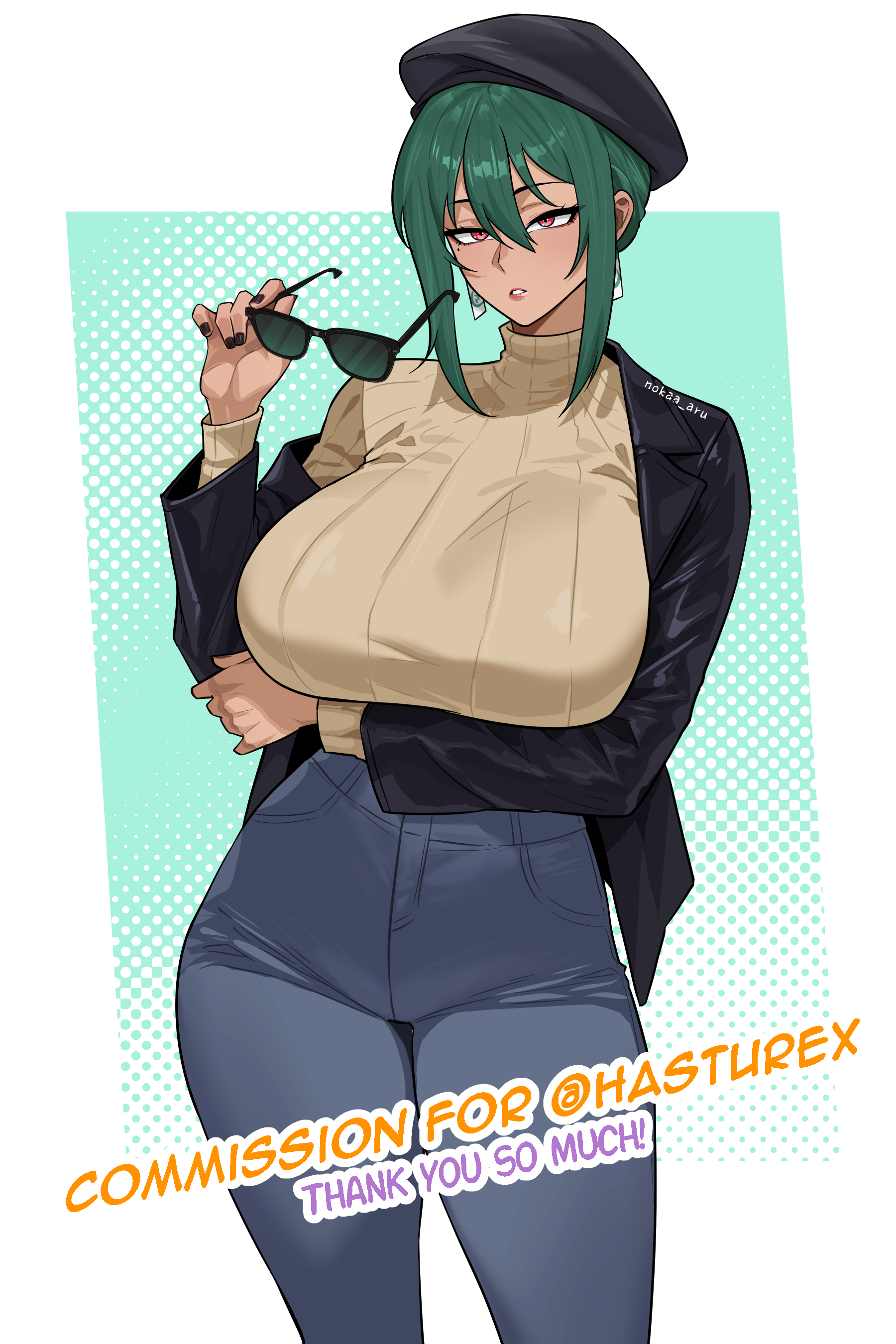 nokaa aru, narumi (hasturex), original, absurdres, commentary, commission, english commentary, highres, 1girl, aqua background, arm under breasts, artist name, beret, black hat, black jacket, black nails, blue pants, breasts, brown sweater, commissioner name, cowboy shot, curvy, earrings, green hair, hair between eyes, halftone, halftone background, hat, high-waist pants, holding, holding removed eyewear, huge breasts, jacket, jacket partially removed, jewelry, lapels, mole, mole under eye, notched lapels, ofuda earrings, open clothes, open jacket, pants, parted lips, pink eyes, ribbed sweater, solo, sunglasses, sweater, thank you, tsurime, turtleneck, turtleneck sweater, unworn eyewear, watermark, wide hips
