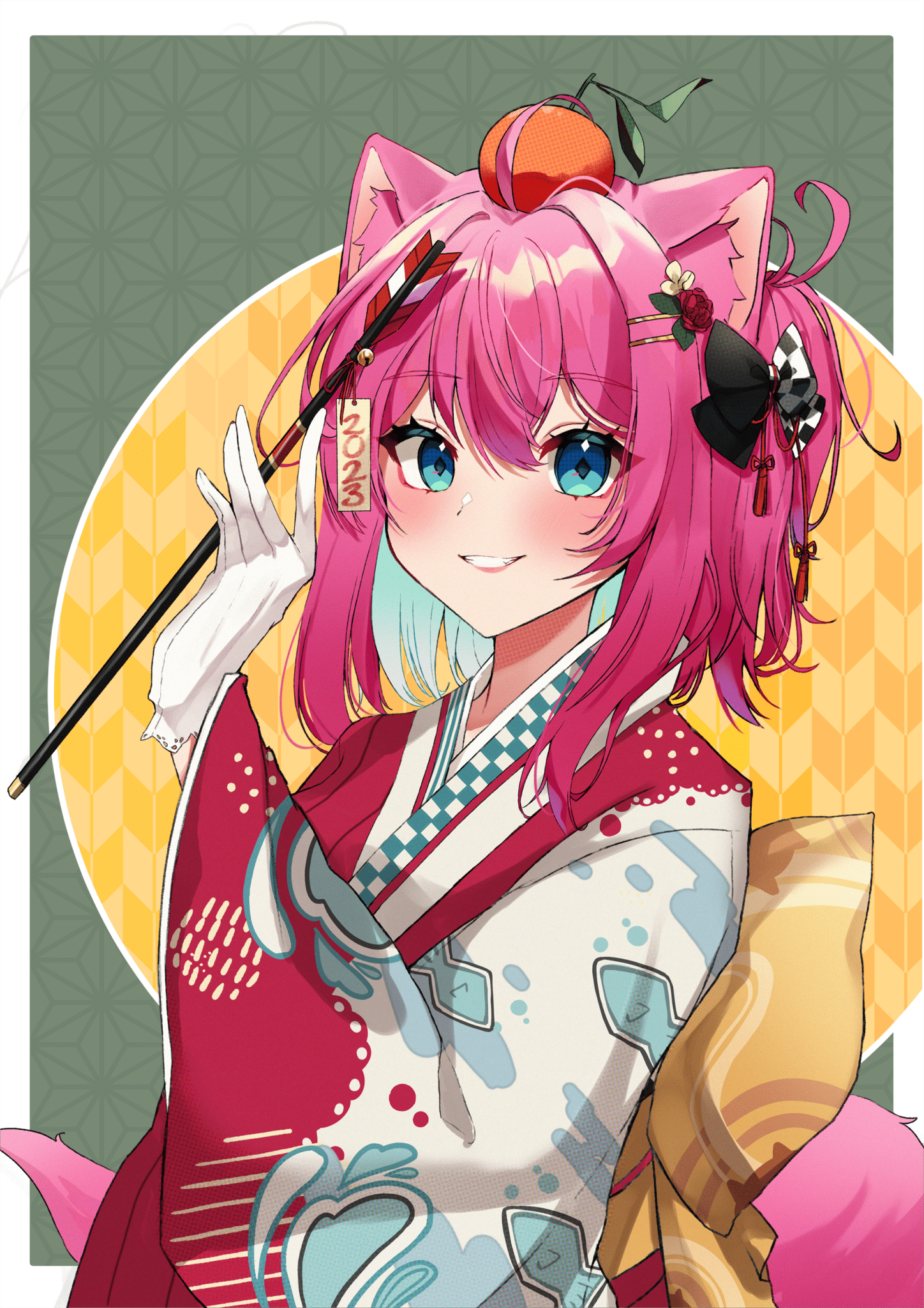 nyami g, anime onegai, artist request, commentary, highres, official art, official wallpaper, 1girl, 2023, animal ear fluff, animal ears, animal print, aqua eyes, aqua hair, arrow (projectile), asa no ha (pattern), back bow, black bow, blush, border, bow, cat ears, cat girl, checkered bow, checkered clothes, colored inner hair, diamond-shaped pupils, diamond (shape), fish print, flower, food, food on head, fruit, fruit on head, gloves, hair between eyes, hair bow, hair flower, hair ornament, hairclip, hamaya, hand up, holding, holding arrow, japanese clothes, kimono, looking at viewer, mascot, medium hair, multicolored hair, multicolored kimono, new year, object on head, orange (fruit), outside border, pink hair, print kimono, red flower, red kimono, smile, solo, spanish commentary, split-color clothes, symbol-shaped pupils, tassel, tassel hair ornament, upper body, white border, white gloves, white kimono, yagasuri, yellow bow