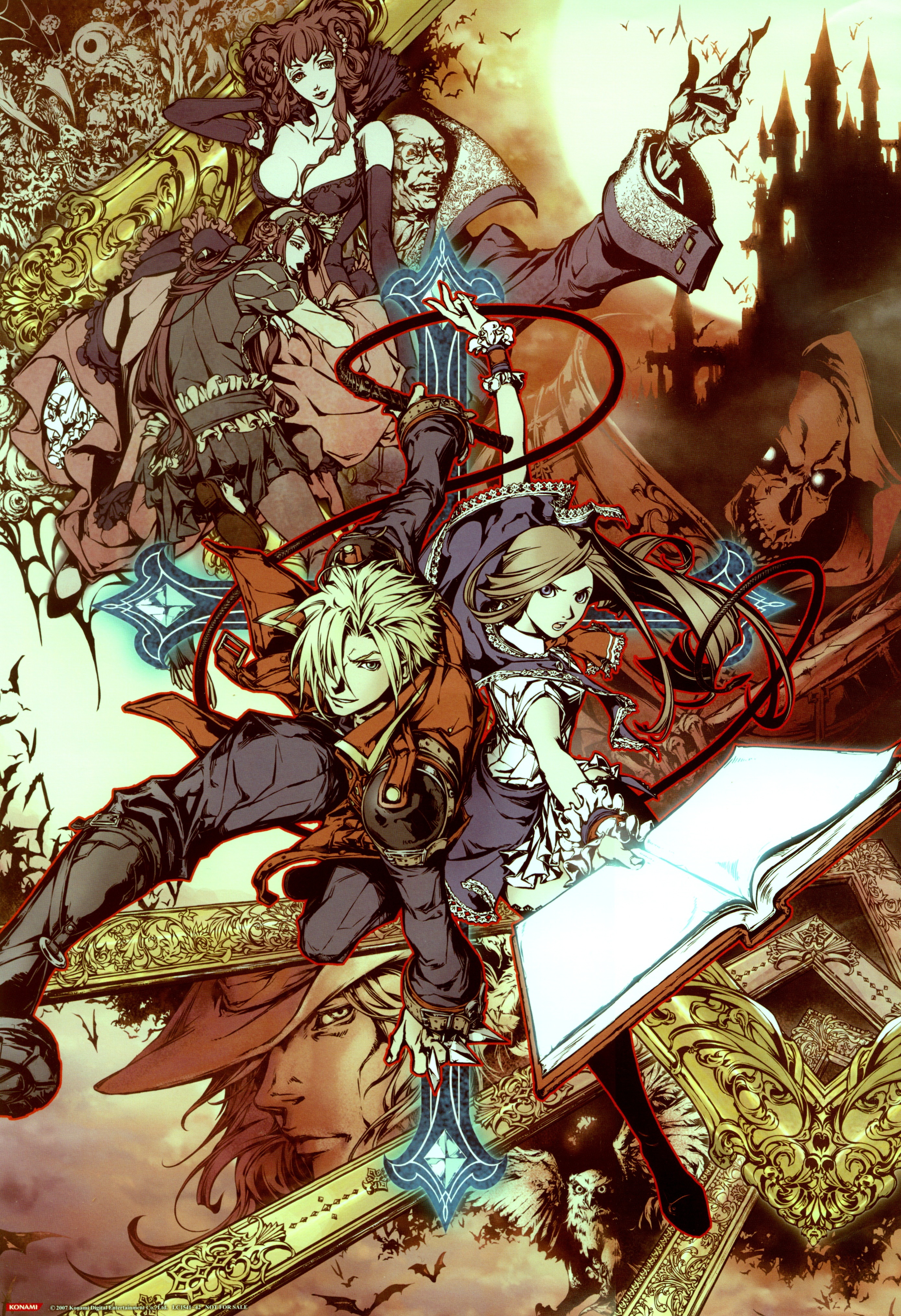 ishikawa fumi, brauner, charlotte aulin, death (castlevania), death (entity), dracula, eric lecarde, jonathan morris, loretta lecarde, stella lecarde, wind (castlevania), castlevania: portrait of ruin, castlevania (series), konami, absurdres, highres, official art, 3boys, 3girls, akumajo dracula gallery of labyrinth, angry, back-to-back, bald, bat (animal), bird, blonde hair, blue eyes, book, boots, breasts, brown hair, capelet, castle, claws, cleavage, cross, curly hair, demon girl, dress, elbow gloves, everyone, fangs, flower, frills, full moon, gloves, glowing, glowing eyes, goth fashion, hair ornament, hair over one eye, hat, hug, kunai, lap pillow, large breasts, lipstick, lolita fashion, long hair, makeup, moon, multiple boys, multiple girls, open mouth, owl, pantyhose, pink eyes, pink hair, profile, rose, short hair, siblings, sisters, skeleton, skirt, skull, smile, strap, teeth, thighhighs, twins, vampire, very long hair, weapon, whip