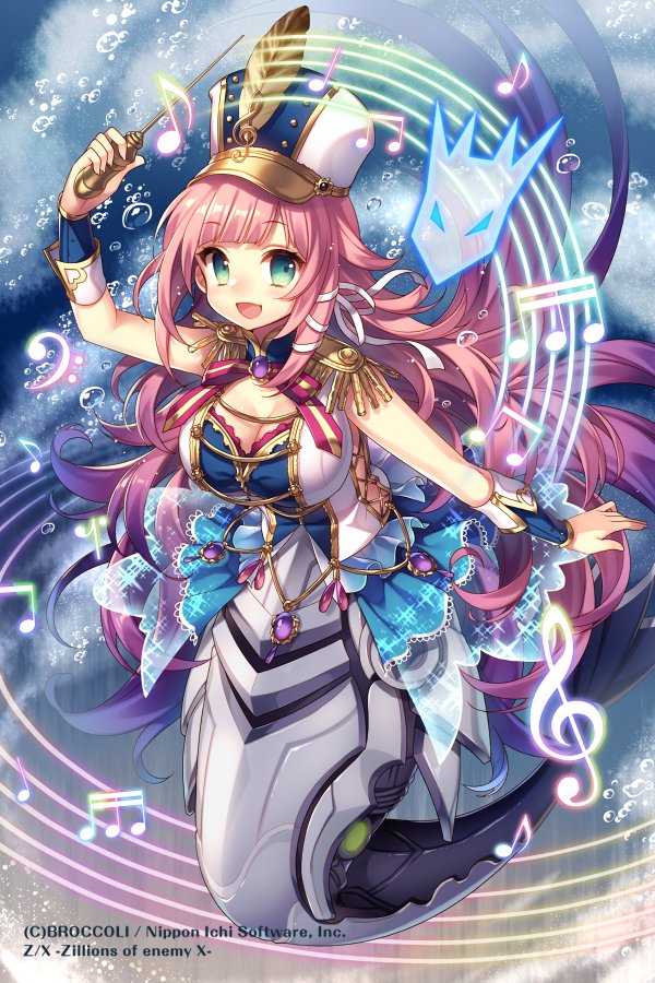 masaru.jp, z/x, official art, 1girl, air bubble, bass clef, beamed eighth notes, big hair, blue dress, breasts, bubble, cleavage, conductor baton, copyright notice, dress, eighth note, epaulettes, frilled dress, frills, gold trim, green eyes, hair ribbon, hat, holding baton, large breasts, long hair, looking at viewer, ludwig (z/x), mermaid, monster girl, multicolored dress, musical note, musical staff, open mouth, pillarboxed, pink hair, quarter note, ribbon, solo, underwear, very long hair, white dress, white hat, white ribbon